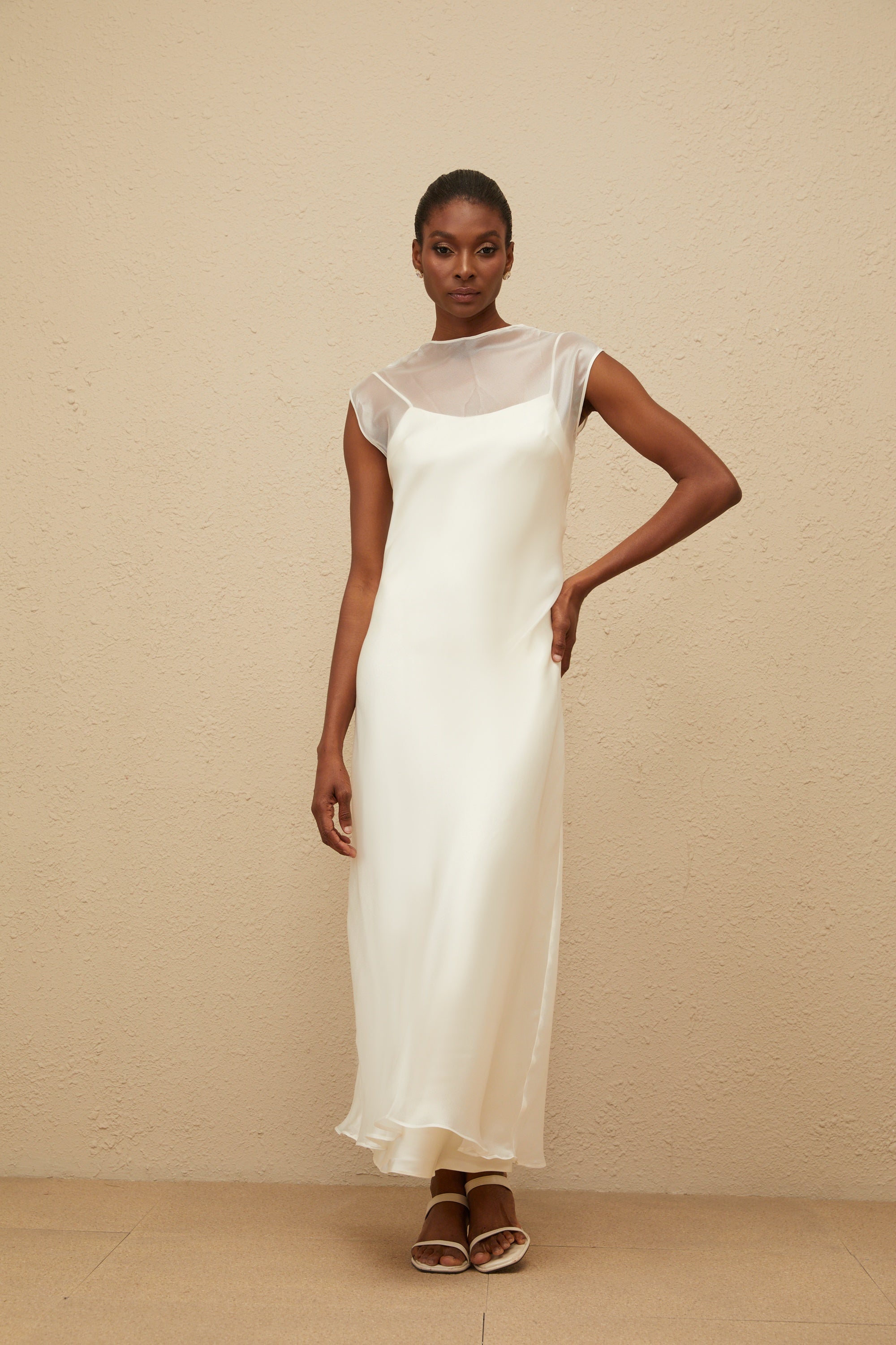 Epurée White Flared Tulle Maxi Dress