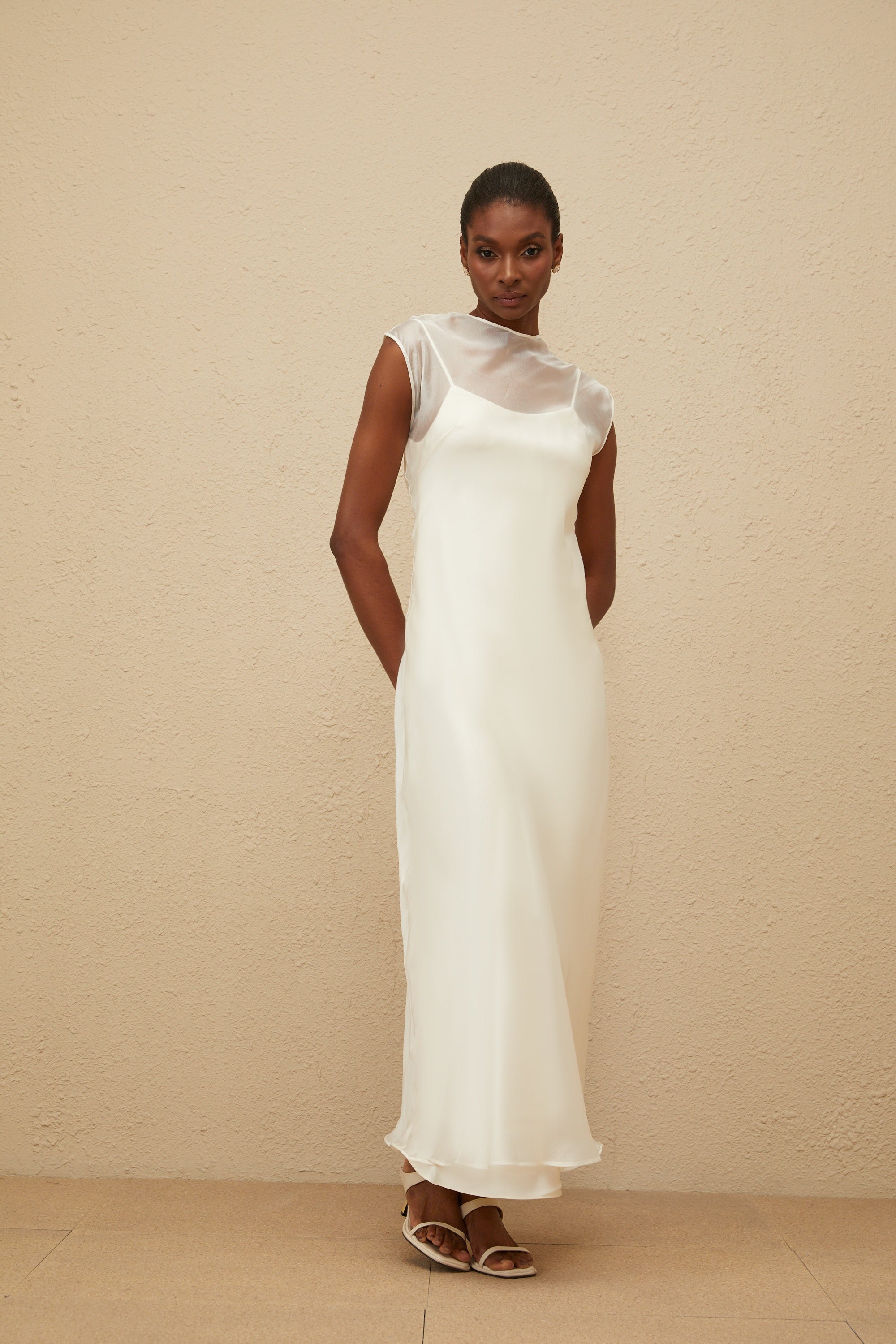 Epurée White Flared Tulle Maxi Dress