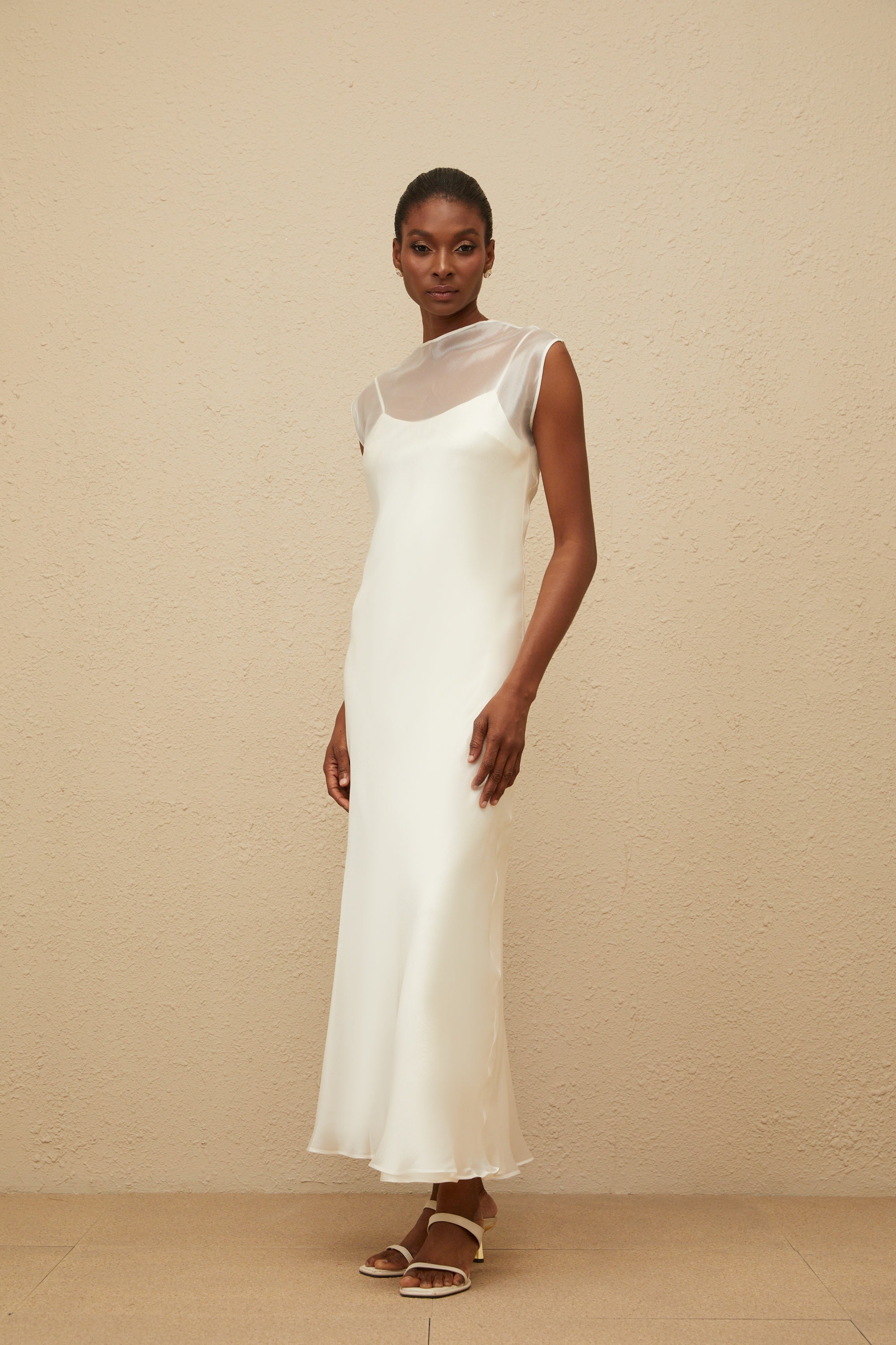 Epurée White Flared Tulle Maxi Dress