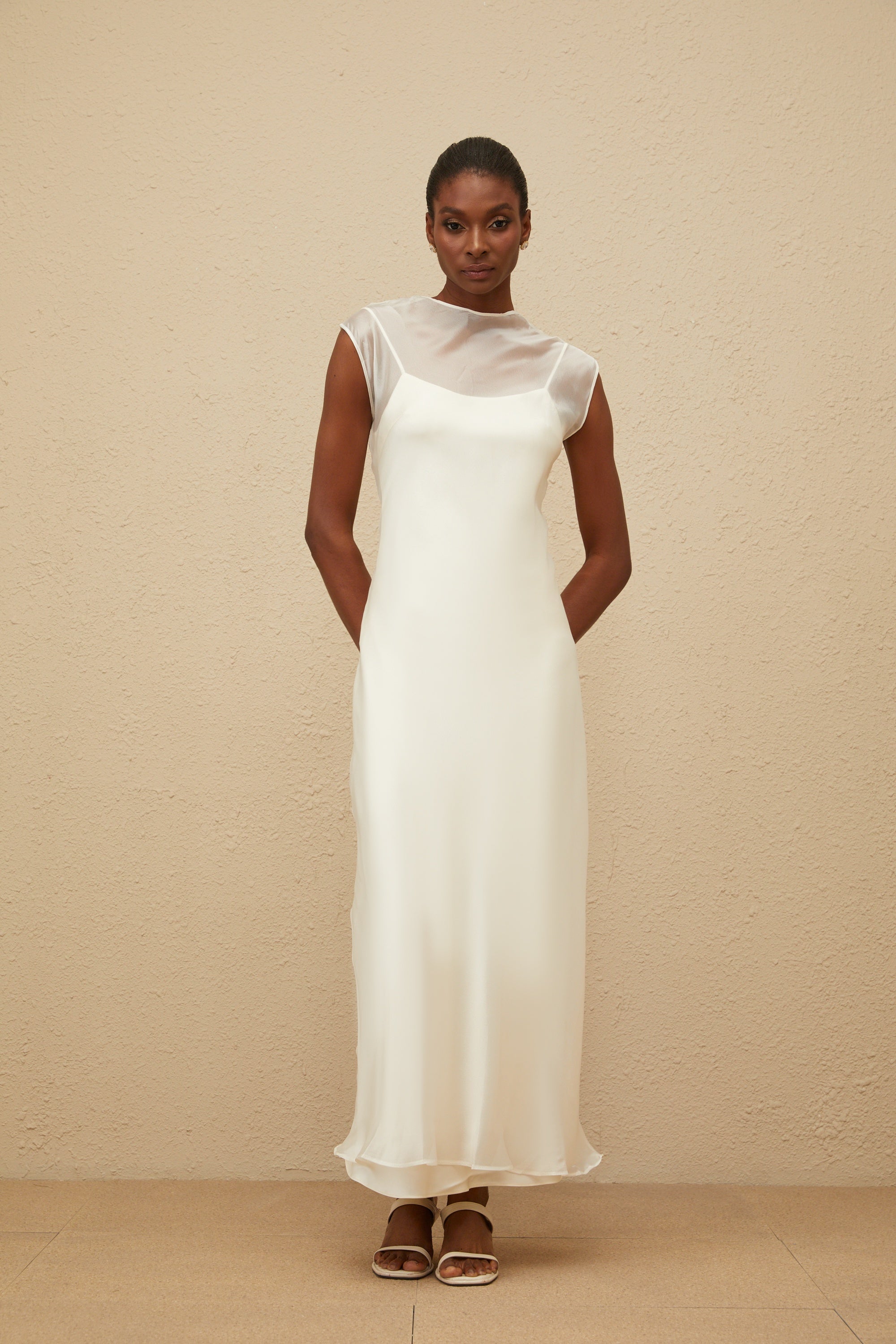 Epurée White Flared Tulle Maxi Dress