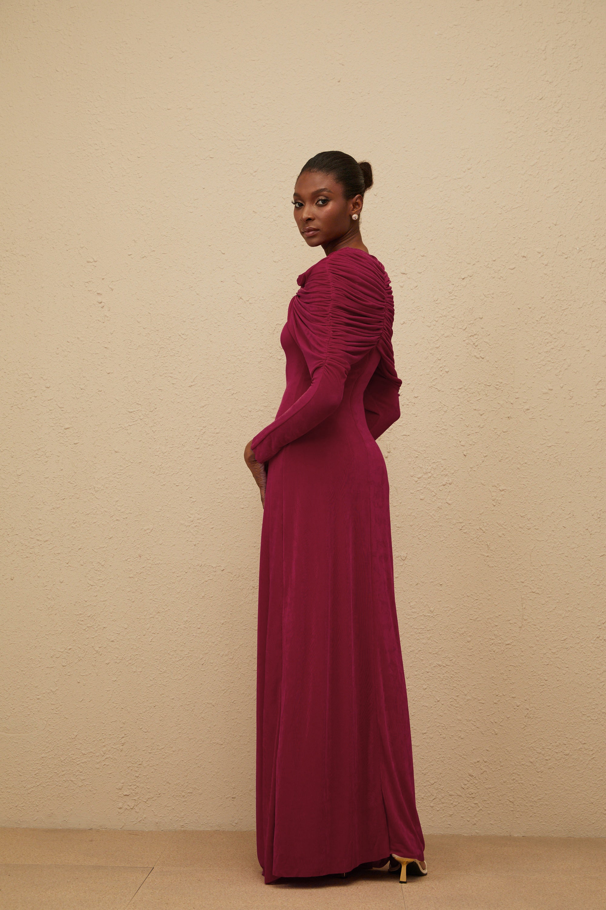 Moderne Red Cape-Design Ruched Maxi Dress (Final Sale-US Only)