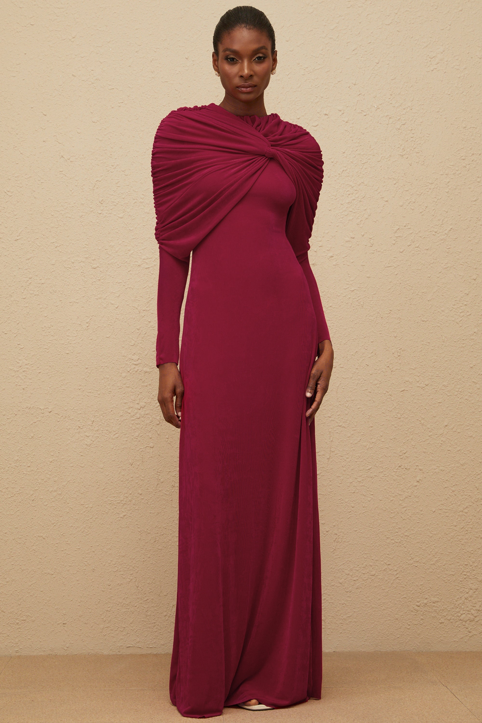 Moderne Red Cape-Design Ruched Maxi Dress (Final Sale)