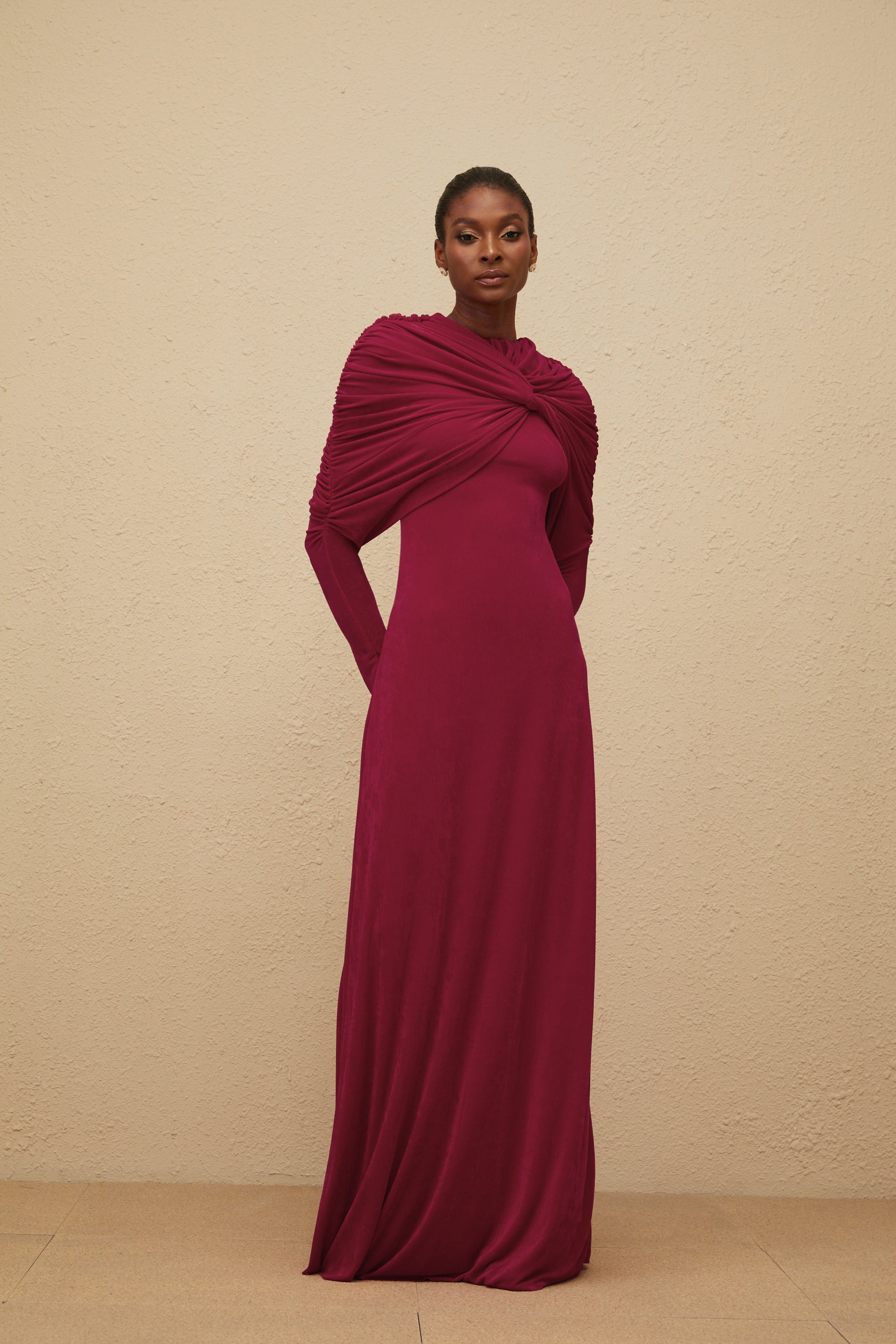 Moderne Red Cape-Design Ruched Maxi Dress (Final Sale)
