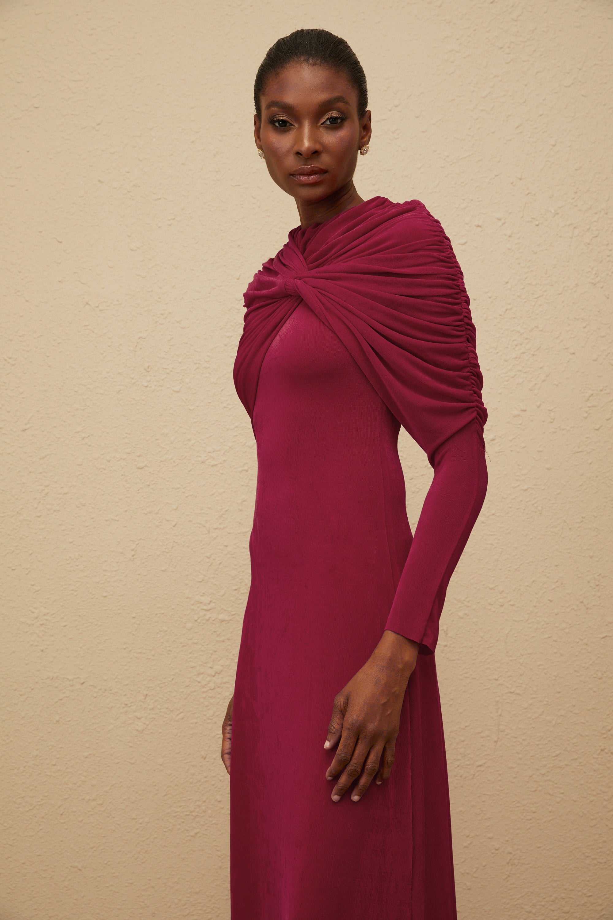 Moderne Red Cape-Design Ruched Maxi Dress (Final Sale)