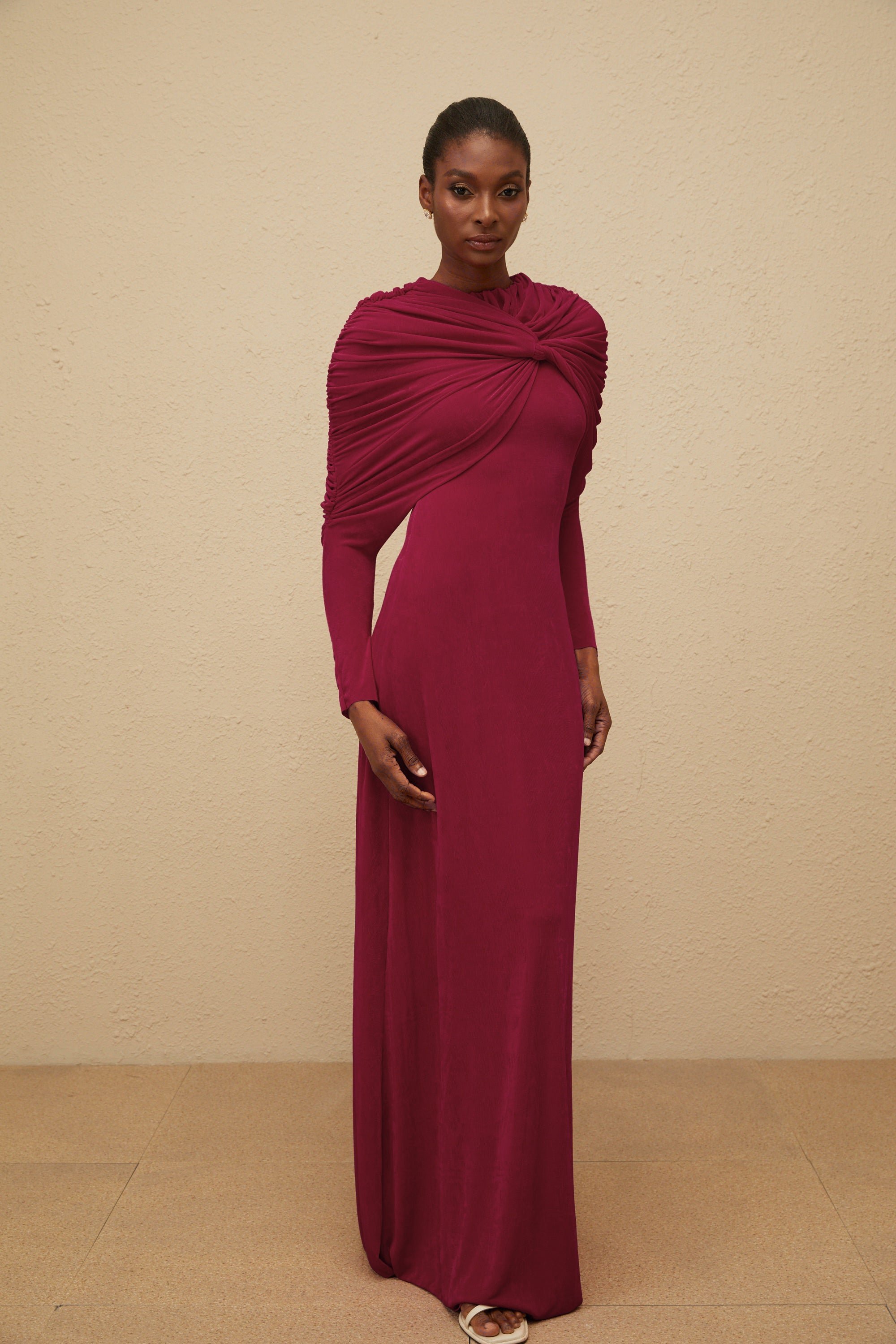 Moderne Red Cape-Design Ruched Maxi Dress (Final Sale)