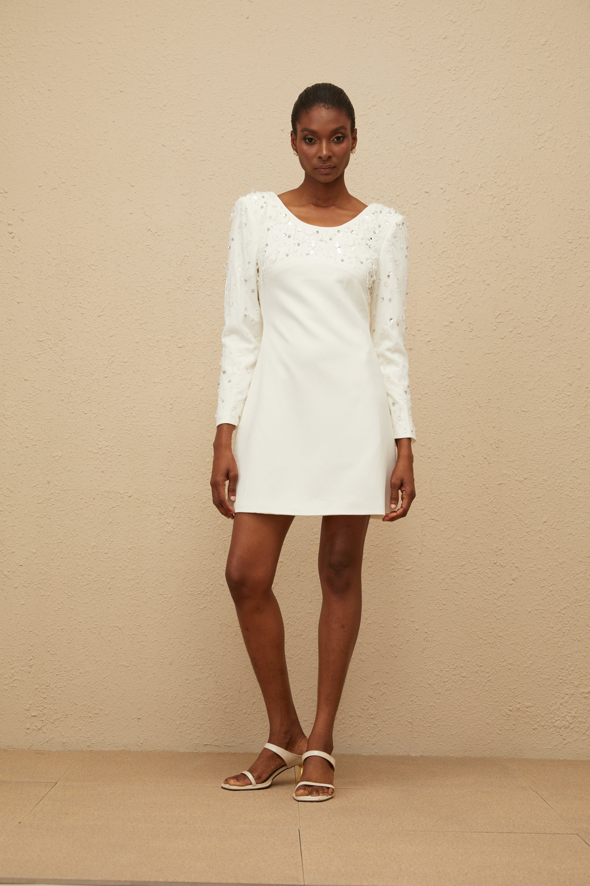 Aurore White Embellished A-line Mini Dress