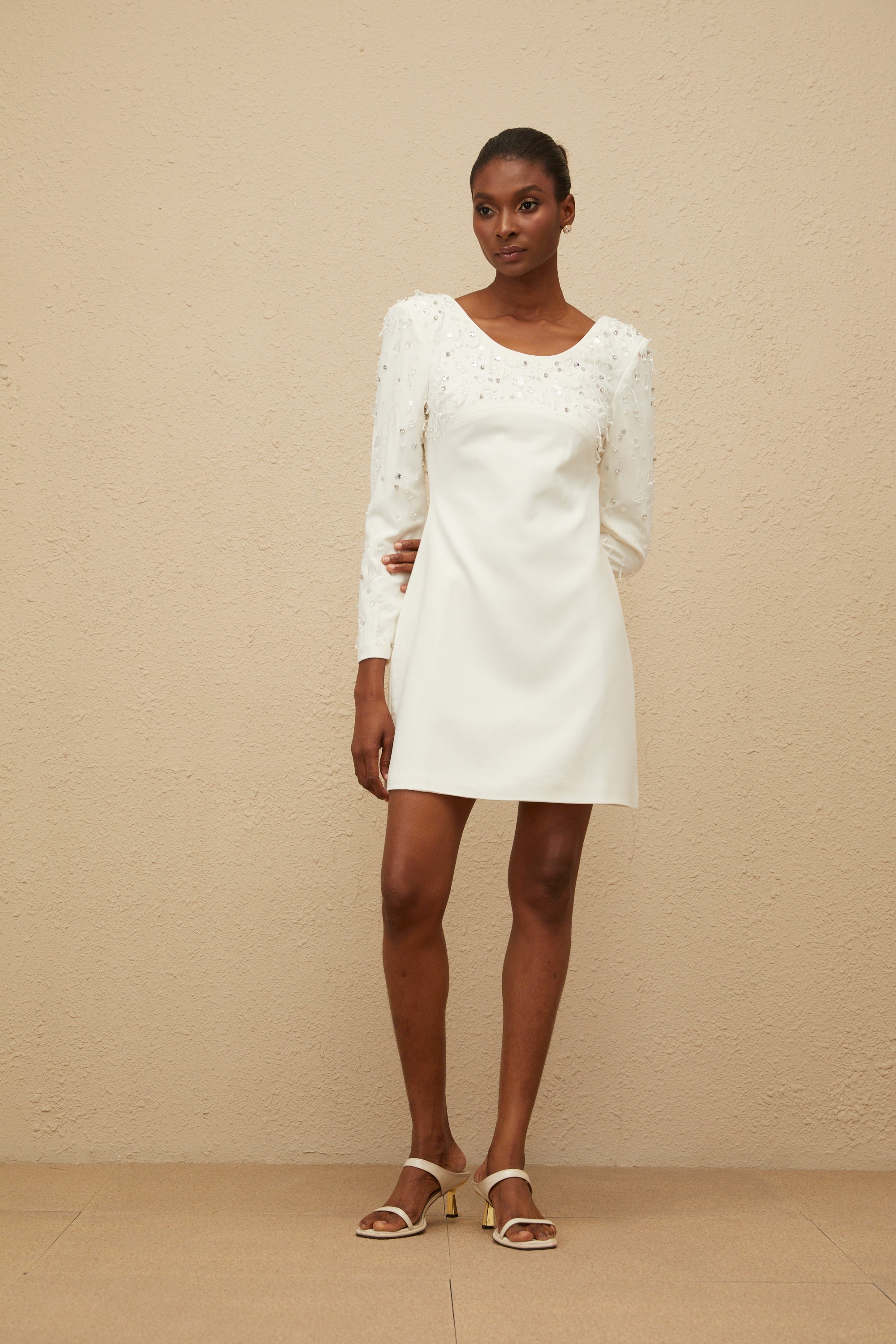 Aurore White Embellished A-line Mini Dress