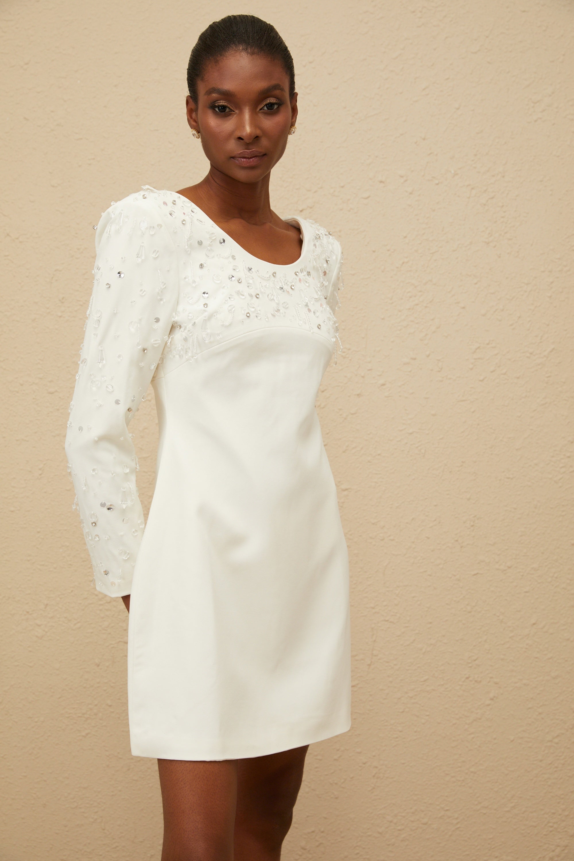 Aurore White Embellished A-line Mini Dress