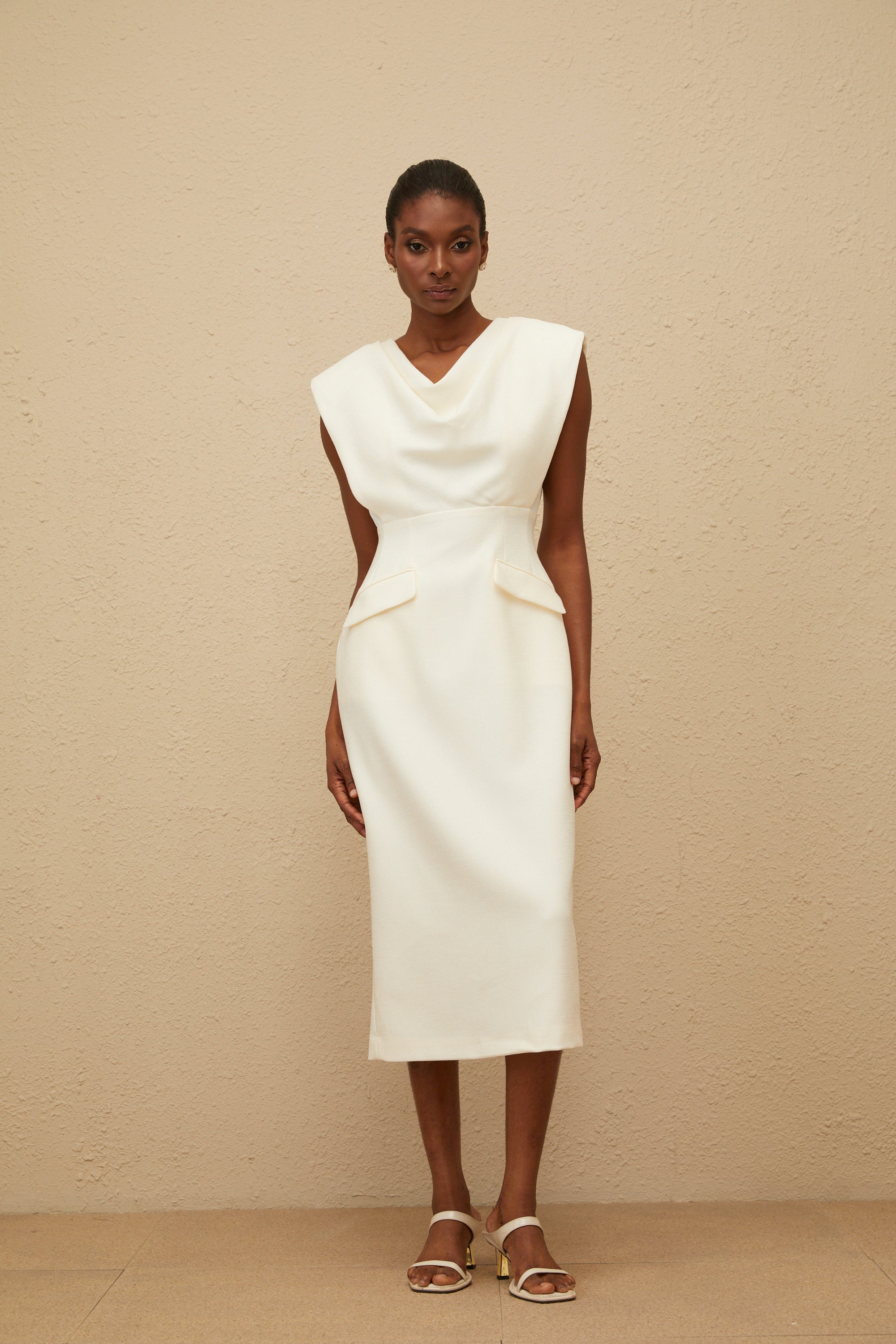 Ondine White Cowl-Neck Pencil Midi Dress (Final Sale-US Only)