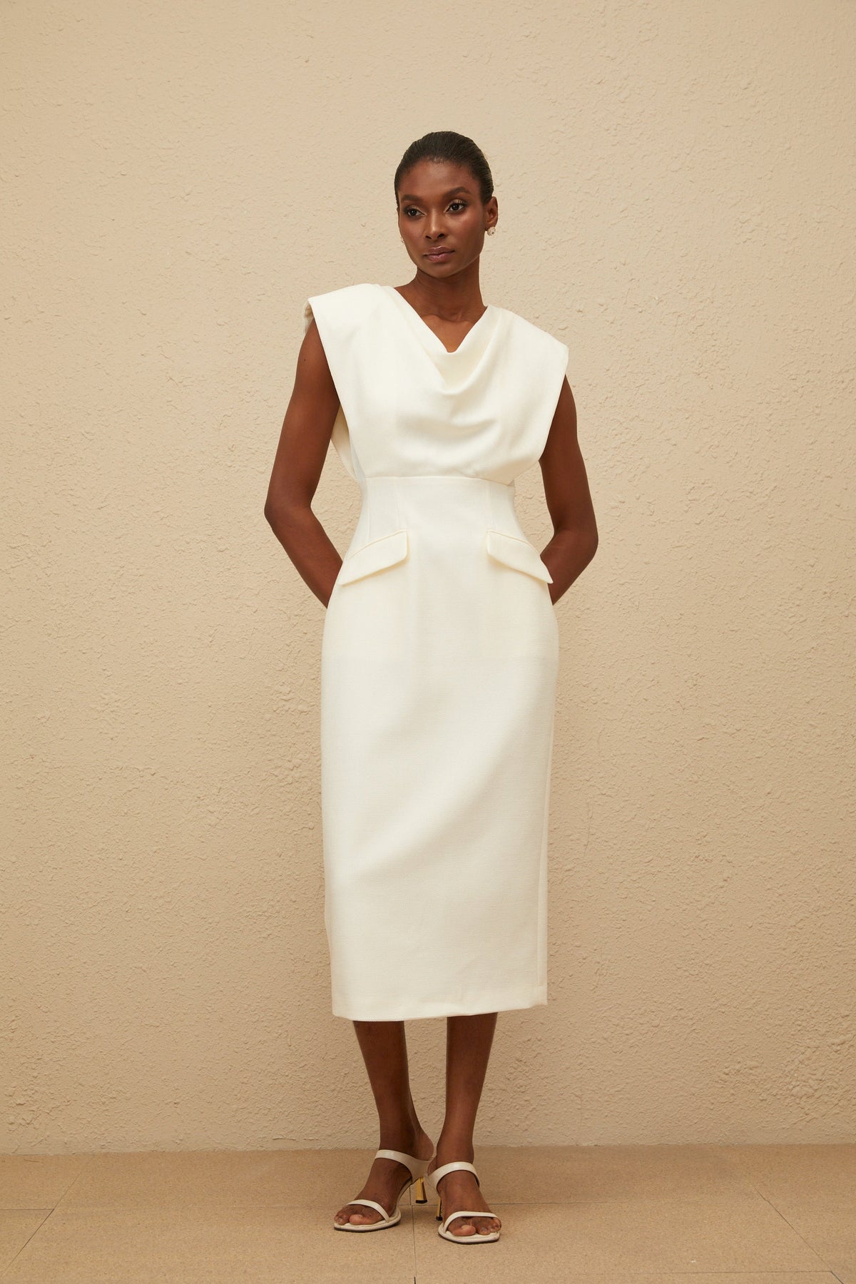 Ondine White Cowl-Neck Pencil Midi Dress (Final Sale-US Only)