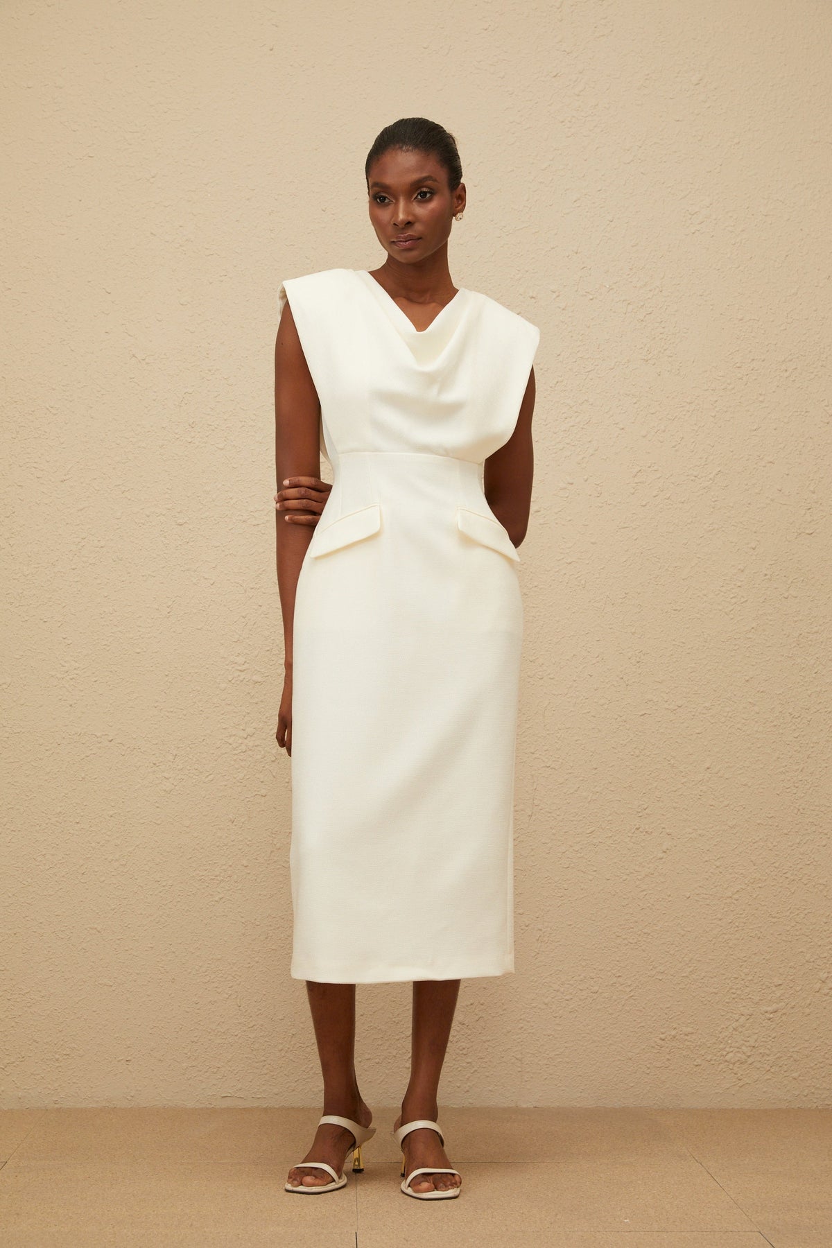 Ondine White Cowl-Neck Pencil Midi Dress (Final Sale-US Only)