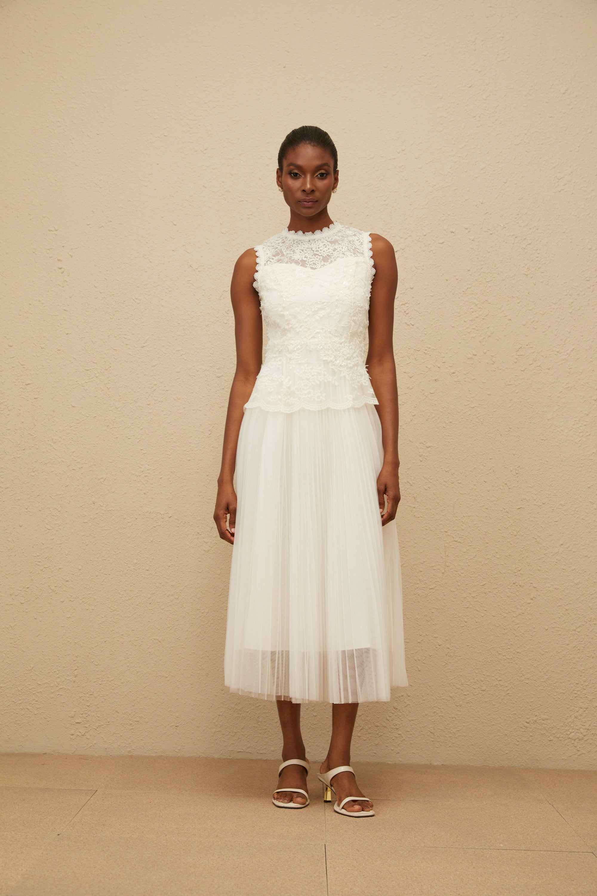 Léopoldine Floral Lace Tulle Panel Midi Dress