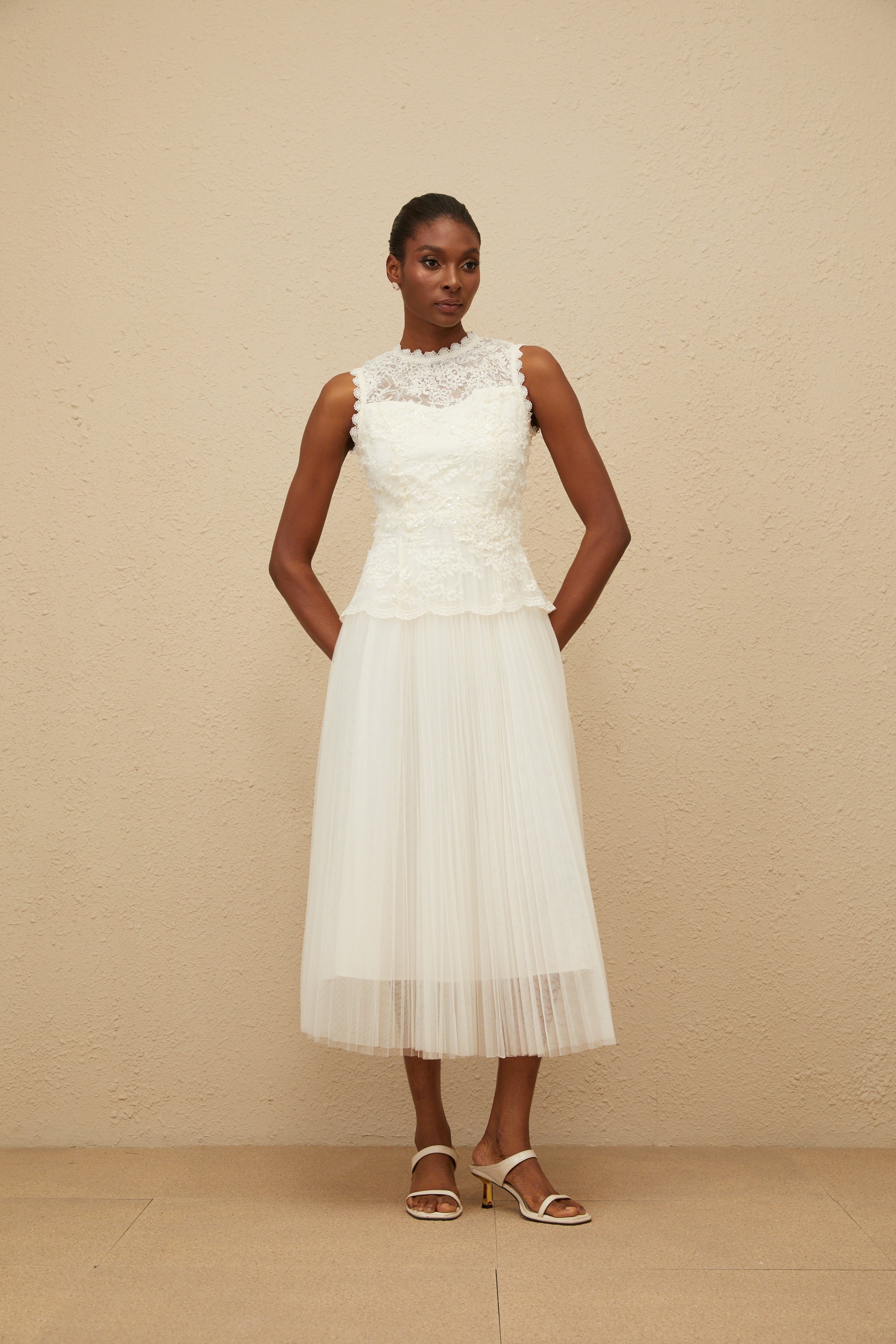 Léopoldine Floral Lace Tulle Panel Midi Dress