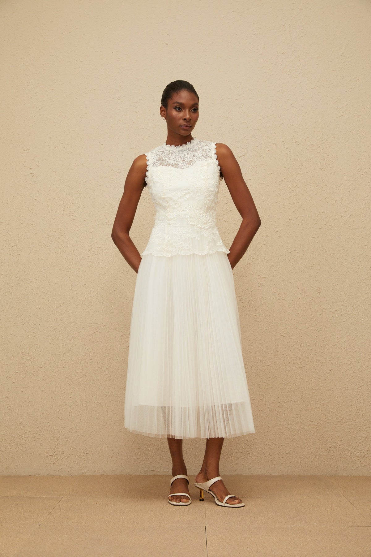 Léopoldine Floral Lace Tulle Panel Midi Dress