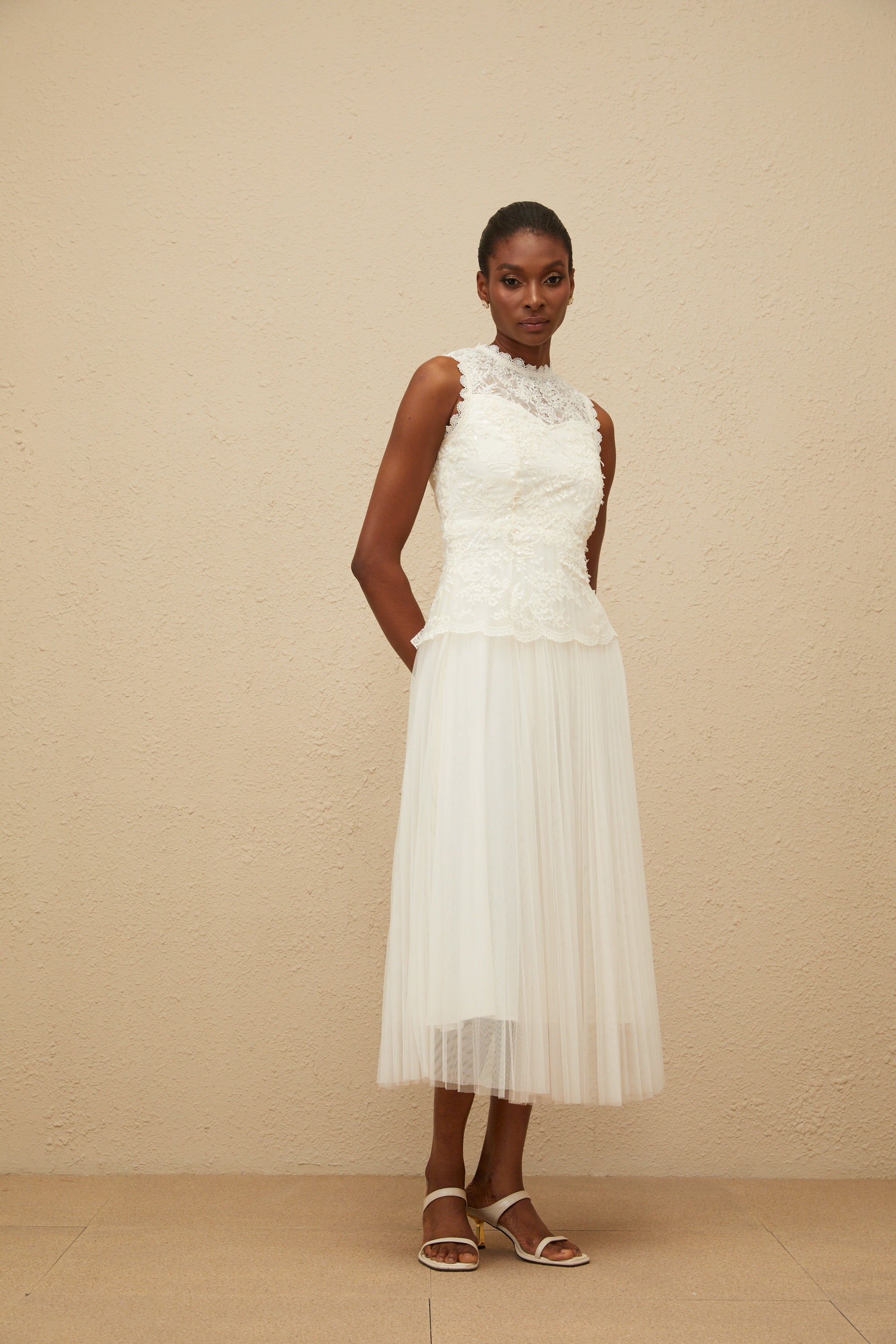 Léopoldine Floral Lace Tulle Panel Midi Dress
