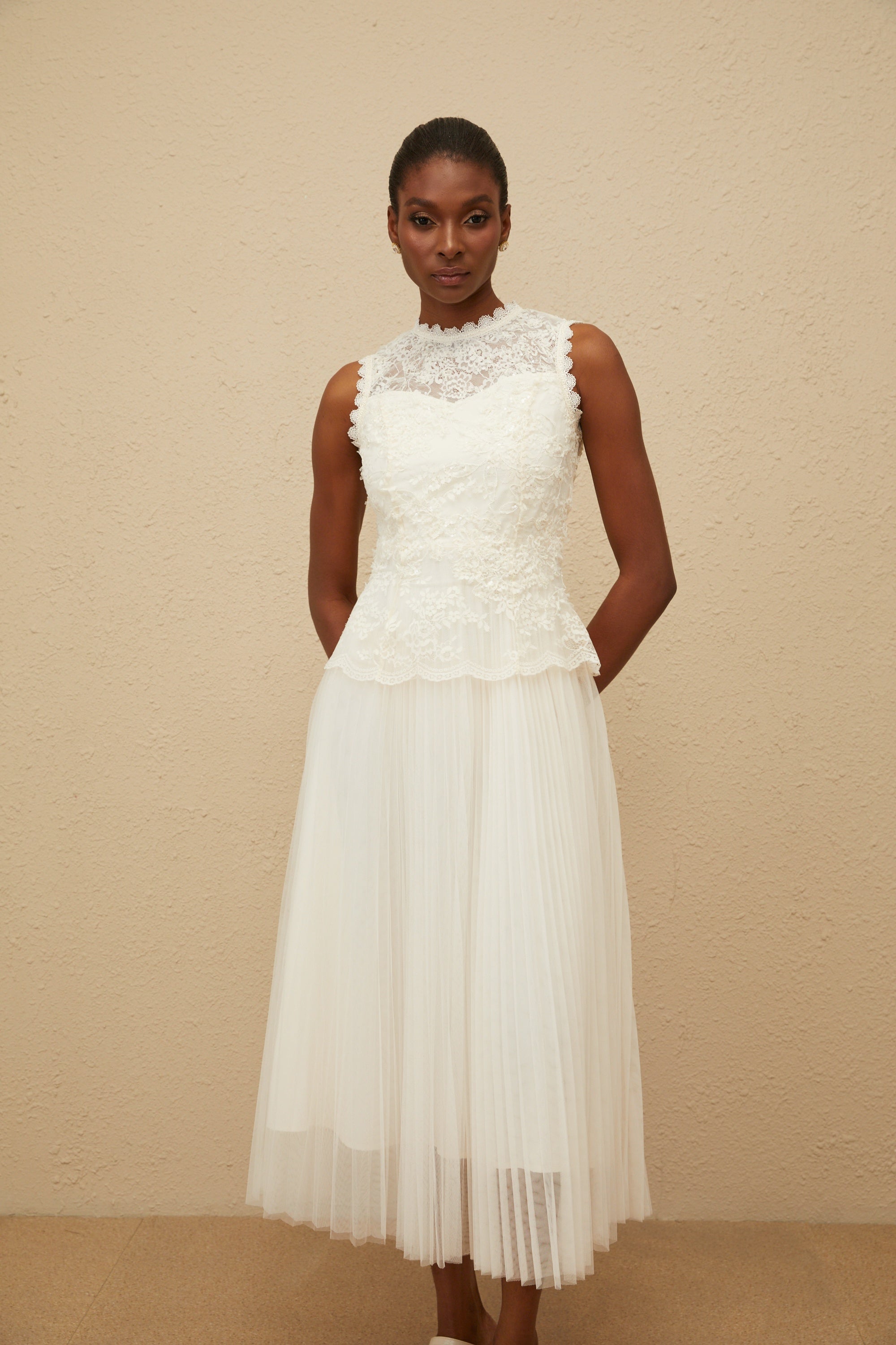 Léopoldine Floral Lace Tulle Panel Midi Dress