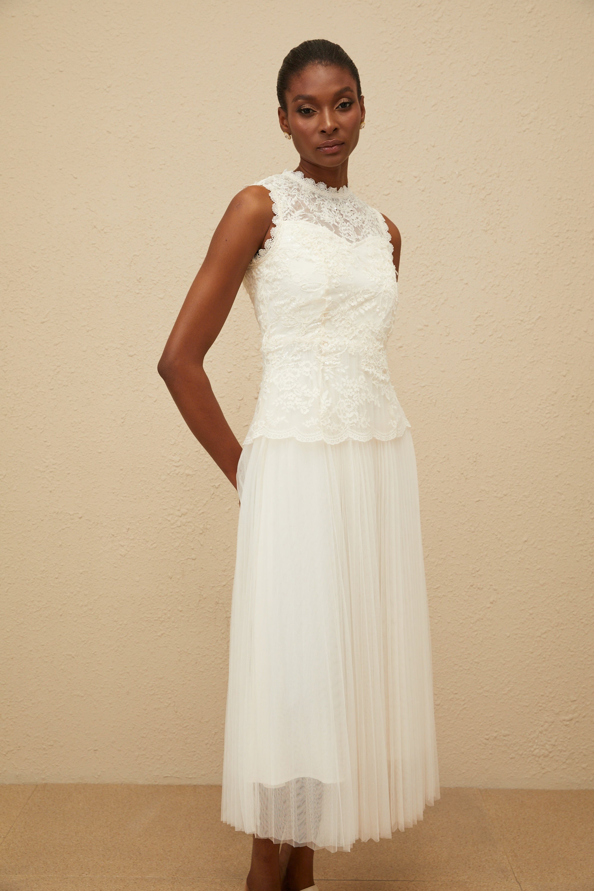 Léopoldine Floral Lace Tulle Panel Midi Dress