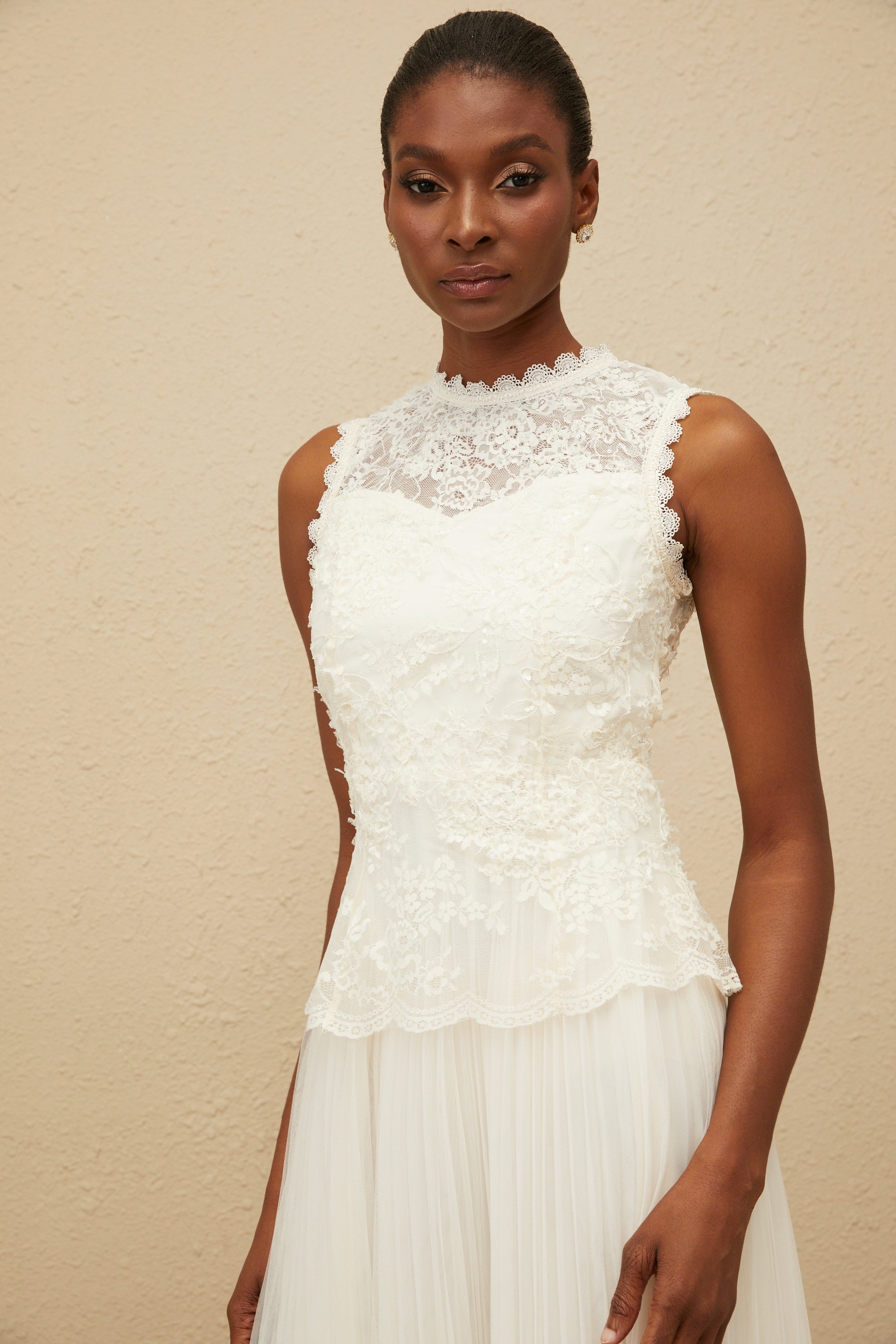 Léopoldine Floral Lace Tulle Panel Midi Dress
