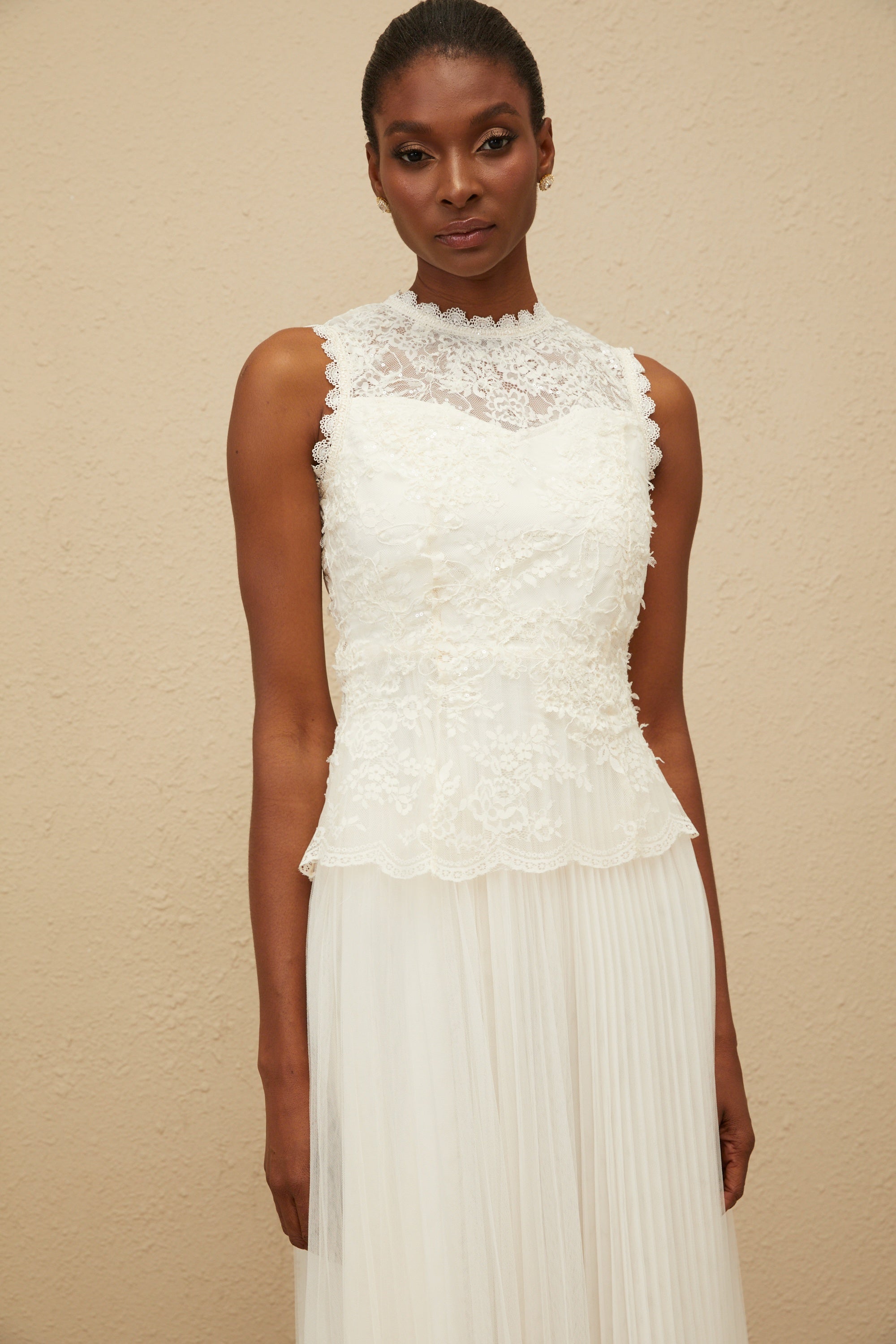 Léopoldine Floral Lace Tulle Panel Midi Dress