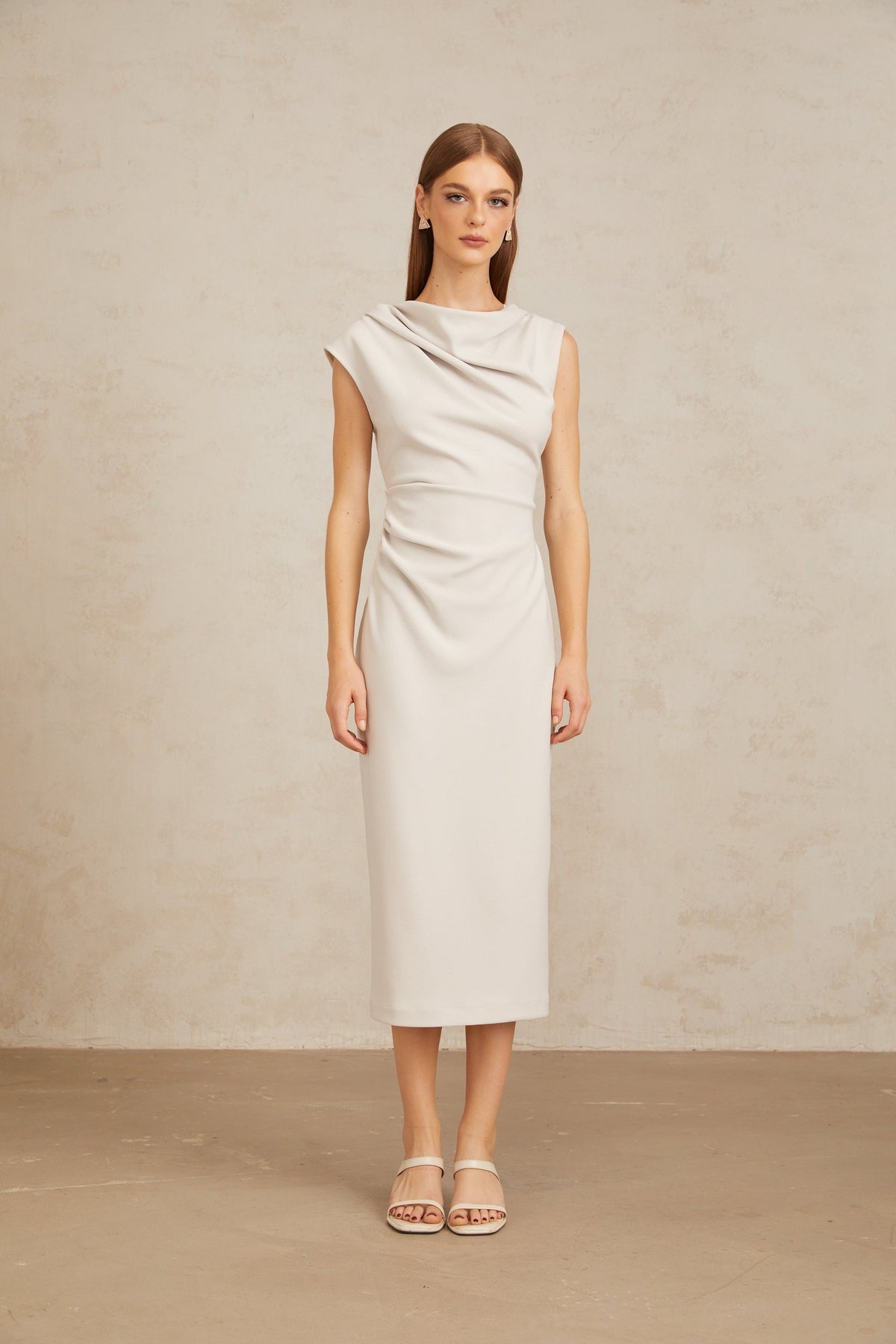 Jeanne Grey Ruched Pencil Midi Dress