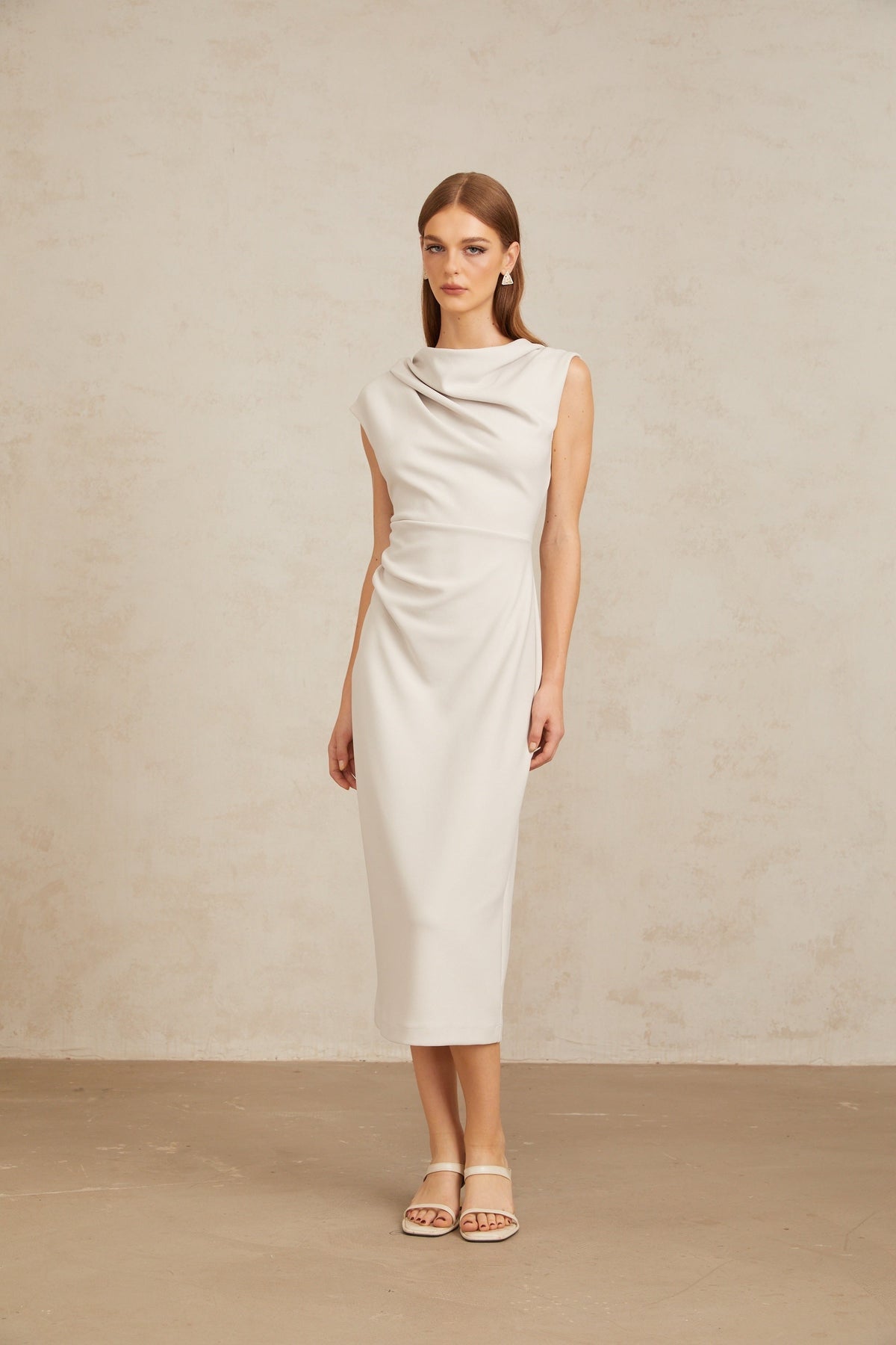 Jeanne Grey Ruched Pencil Midi Dress