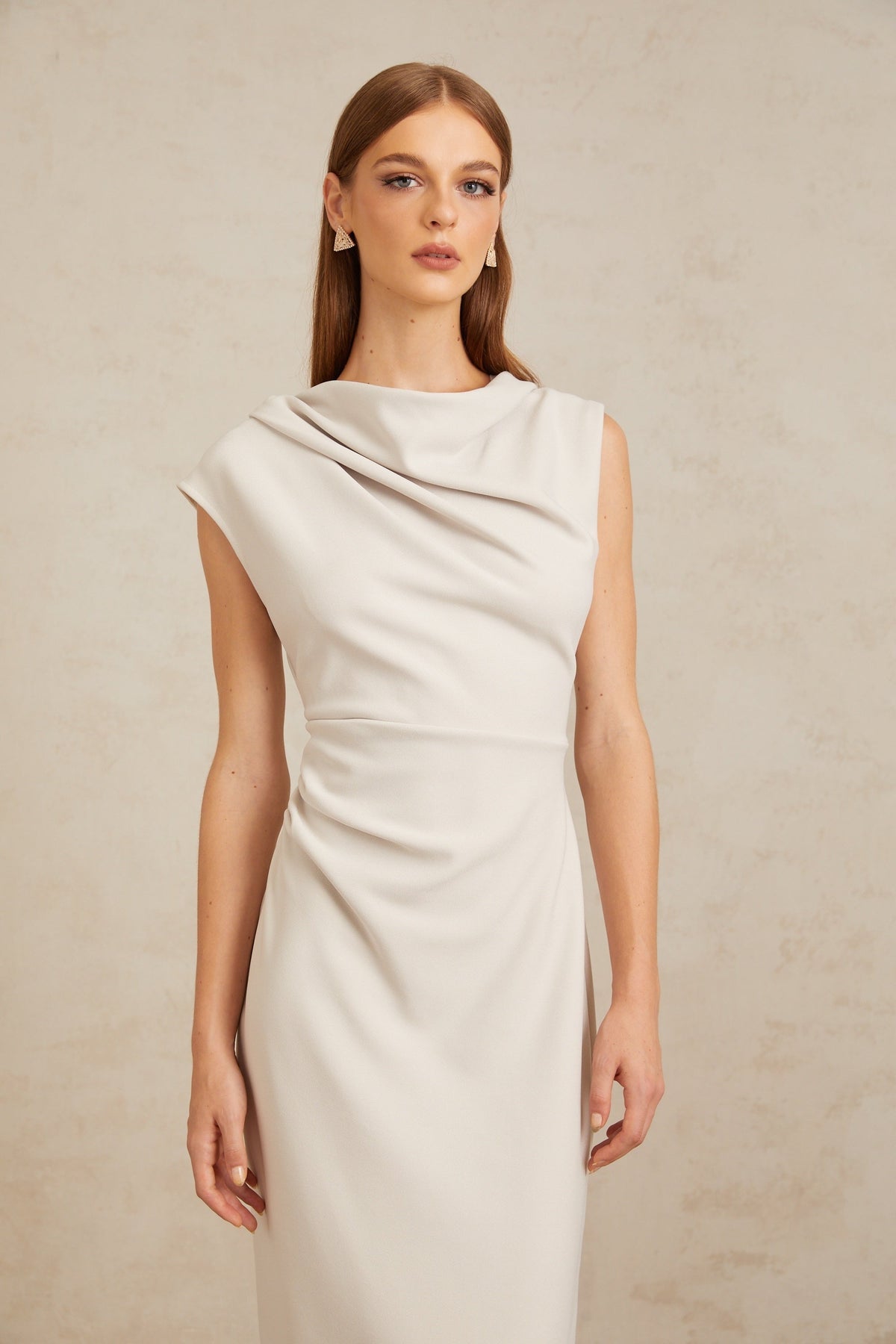 Jeanne Grey Ruched Pencil Midi Dress