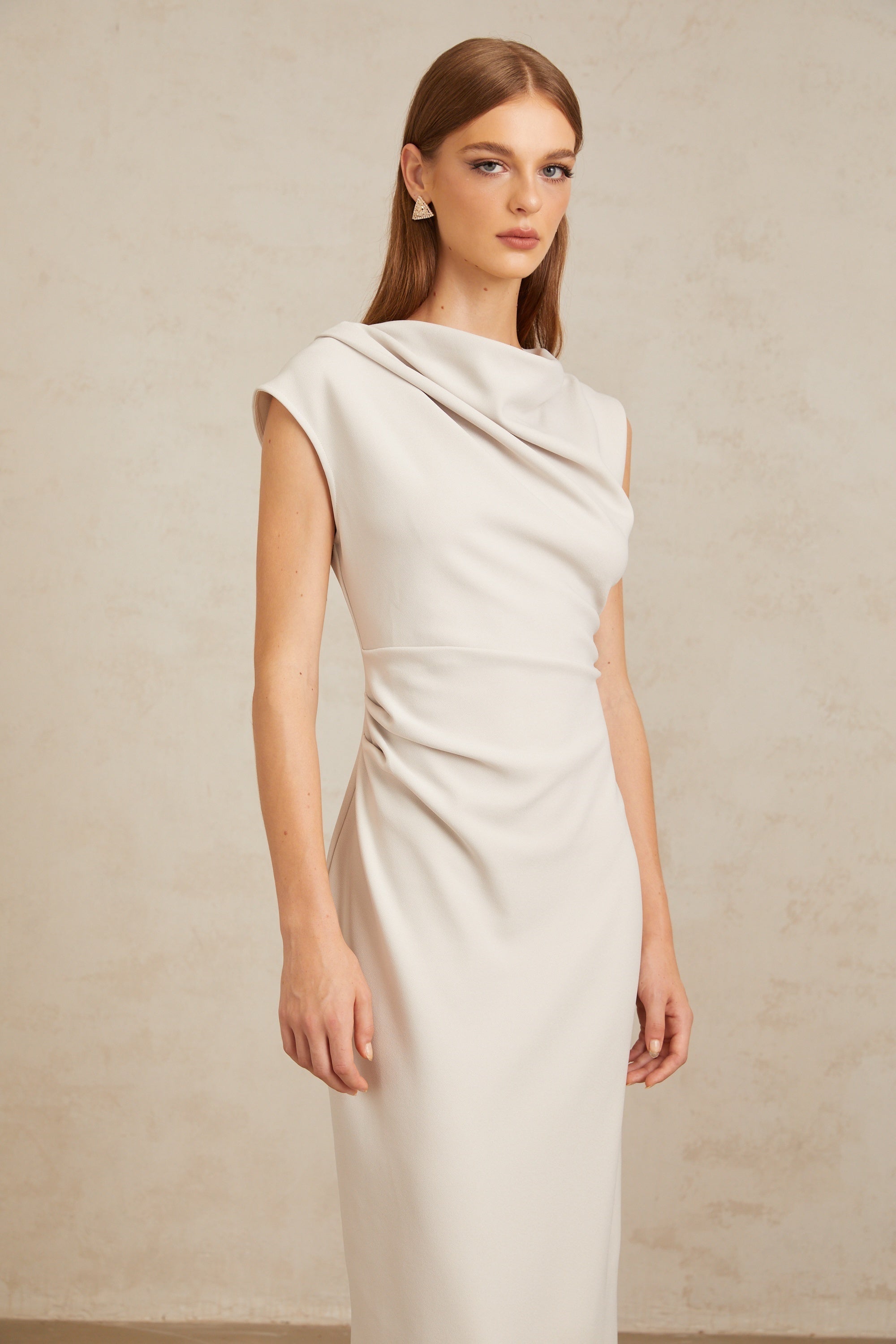 Jeanne Grey Ruched Pencil Midi Dress