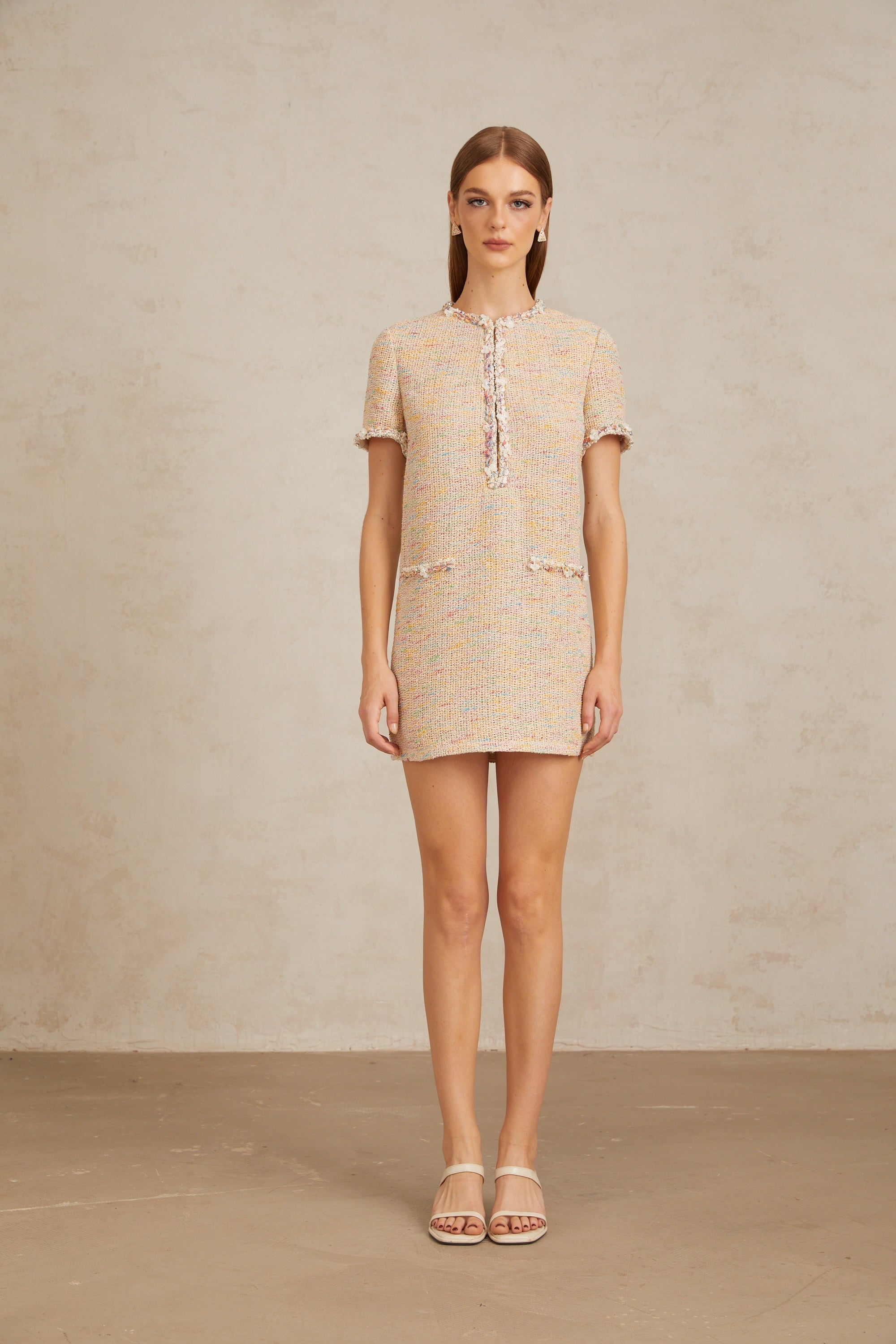 Palme Neutral Embellished Crochet Knit Mini Dress