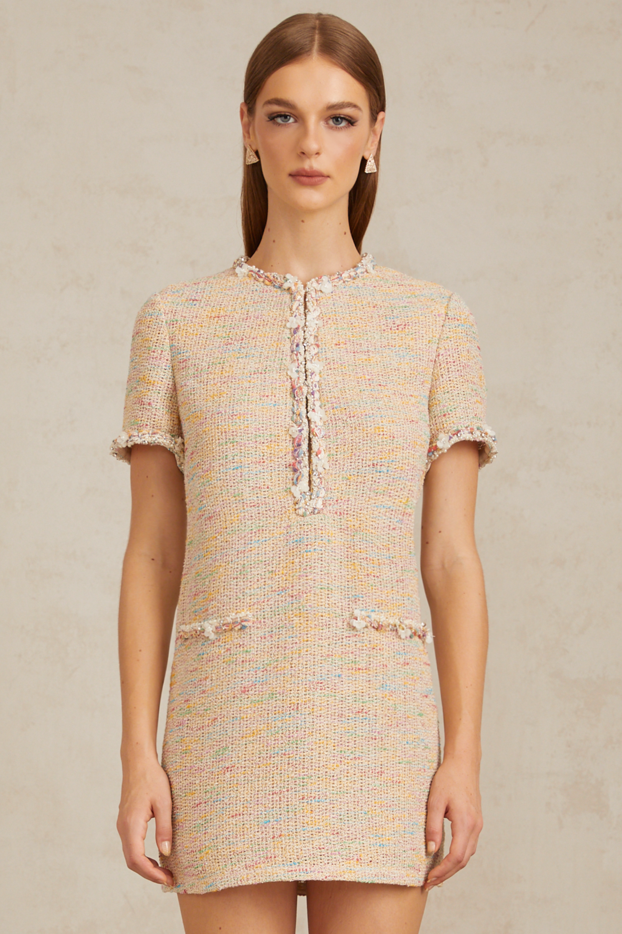 Palme Neutral Embellished Crochet Knit Mini Dress (Final Sale-US Only)