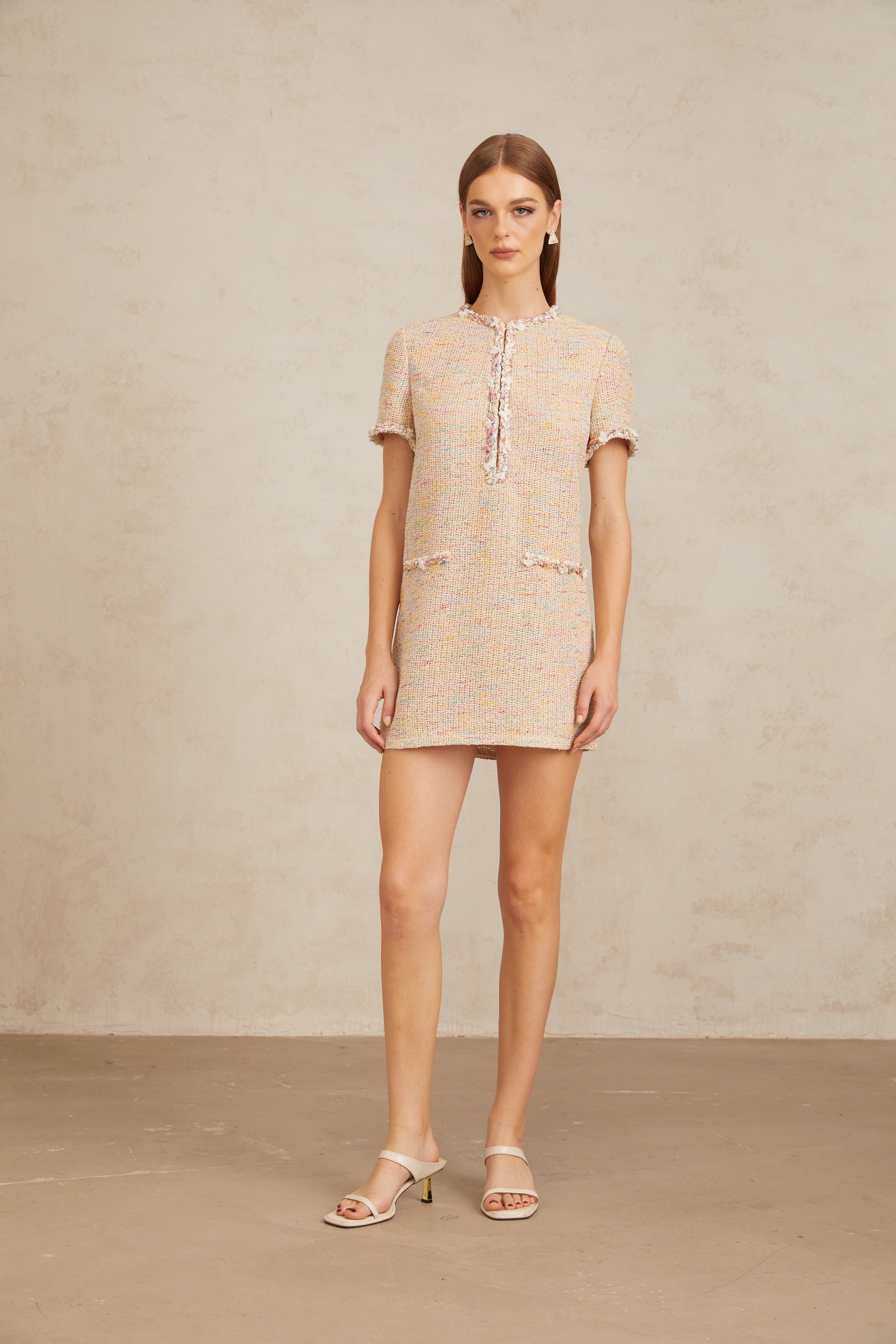 Palme Neutral Embellished Crochet Knit Mini Dress