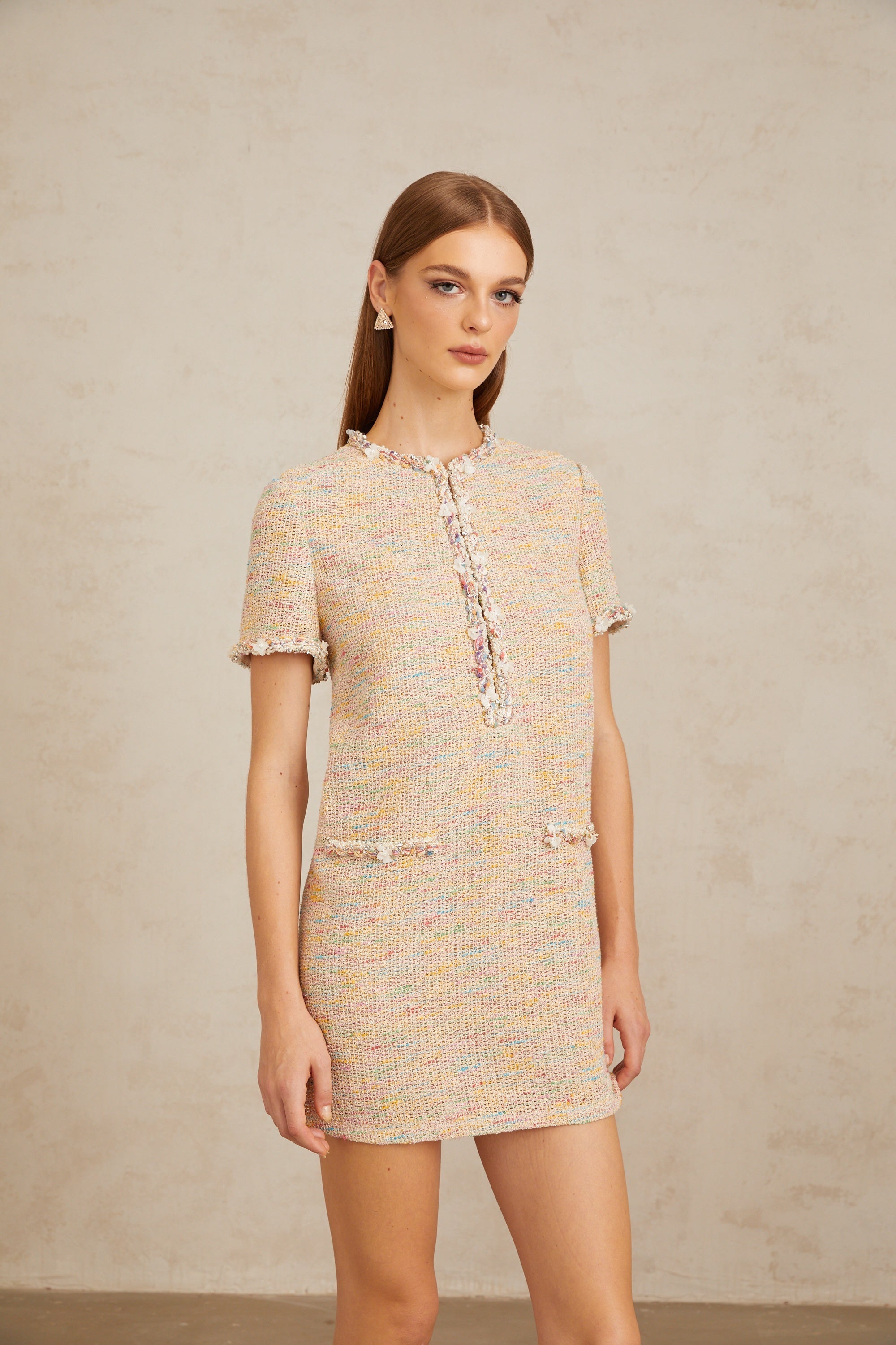 Palme Neutral Embellished Crochet Knit Mini Dress
