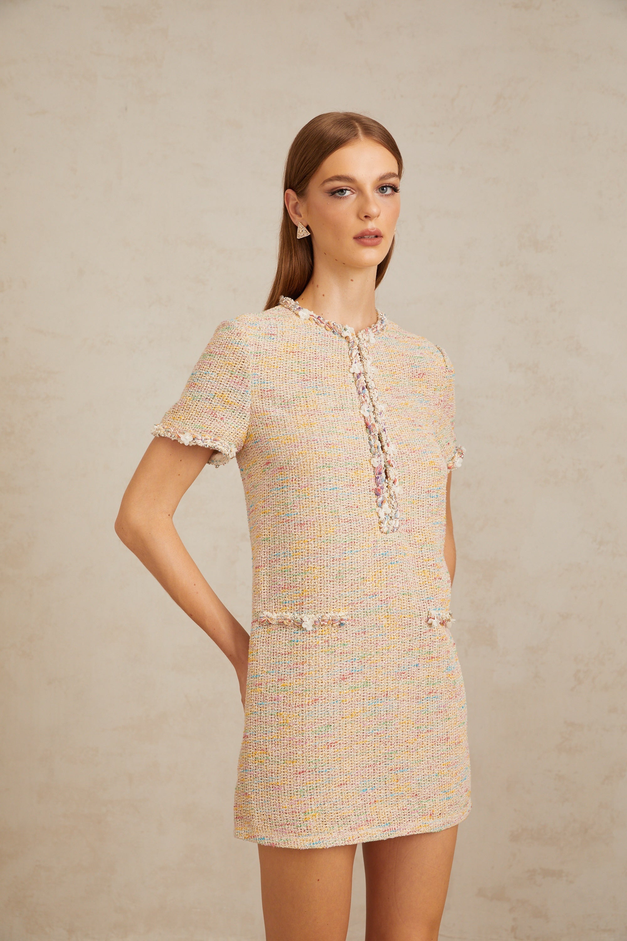 Palme Neutral Embellished Crochet Knit Mini Dress