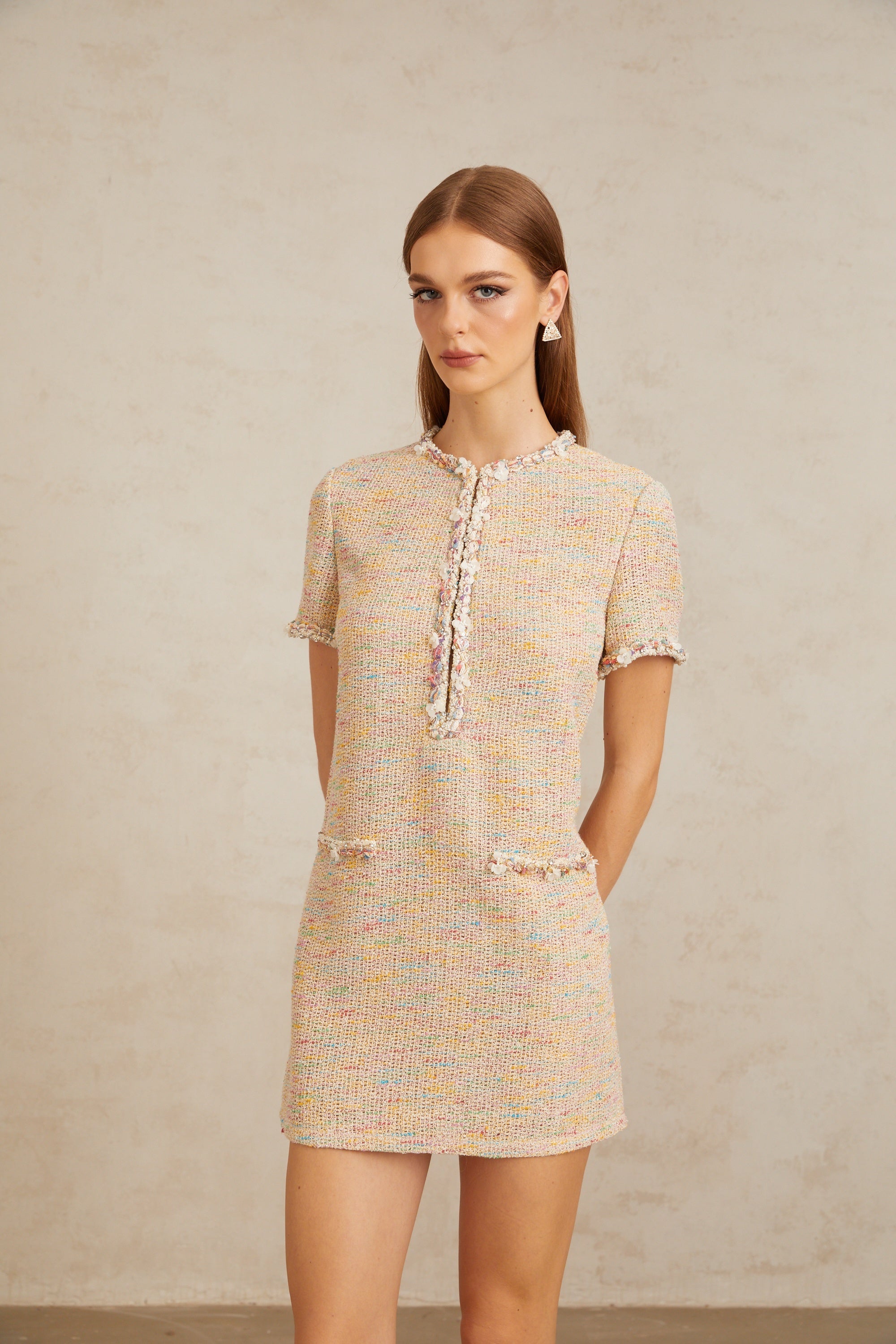 Palme Neutral Embellished Crochet Knit Mini Dress