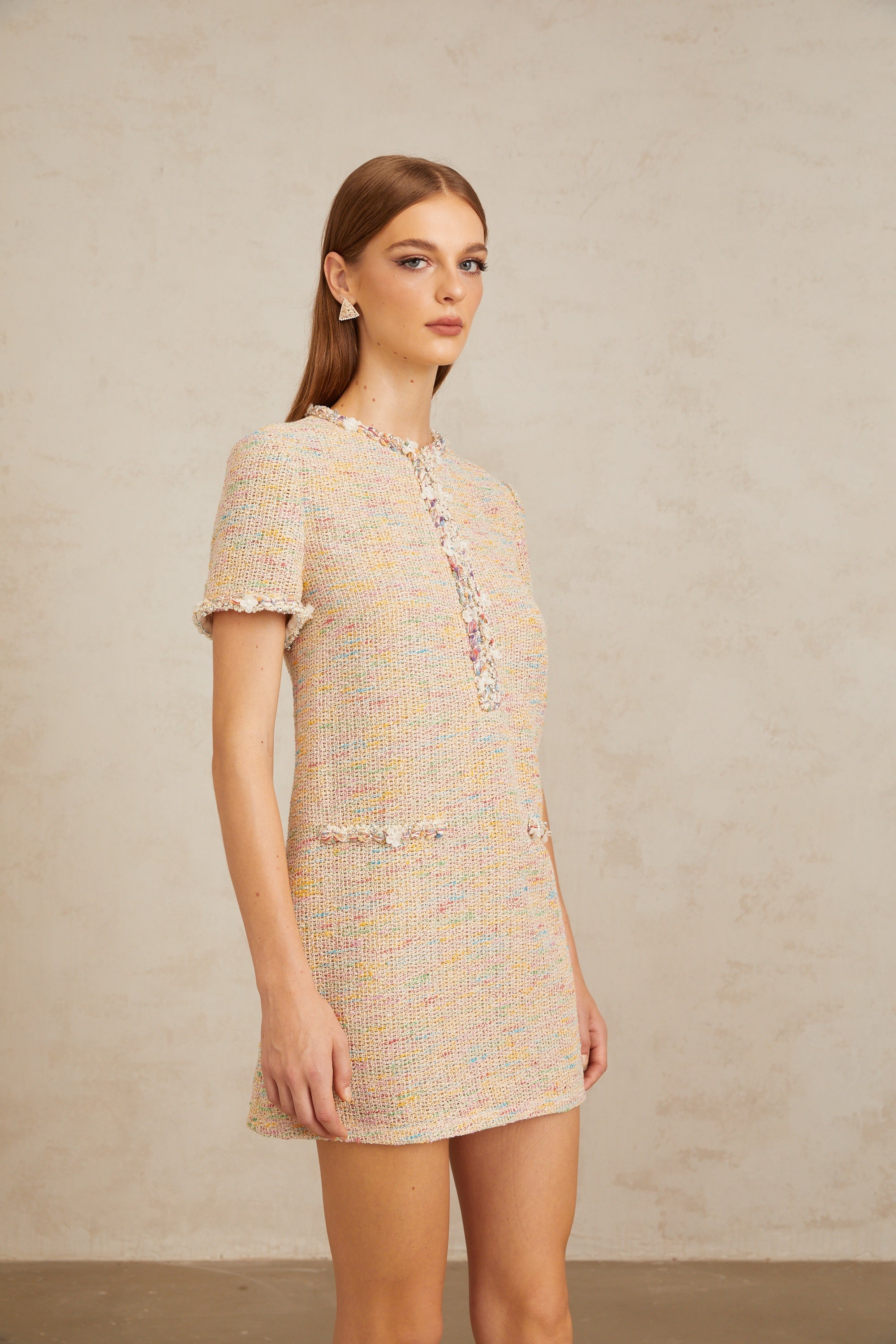 Palme Neutral Embellished Crochet Knit Mini Dress