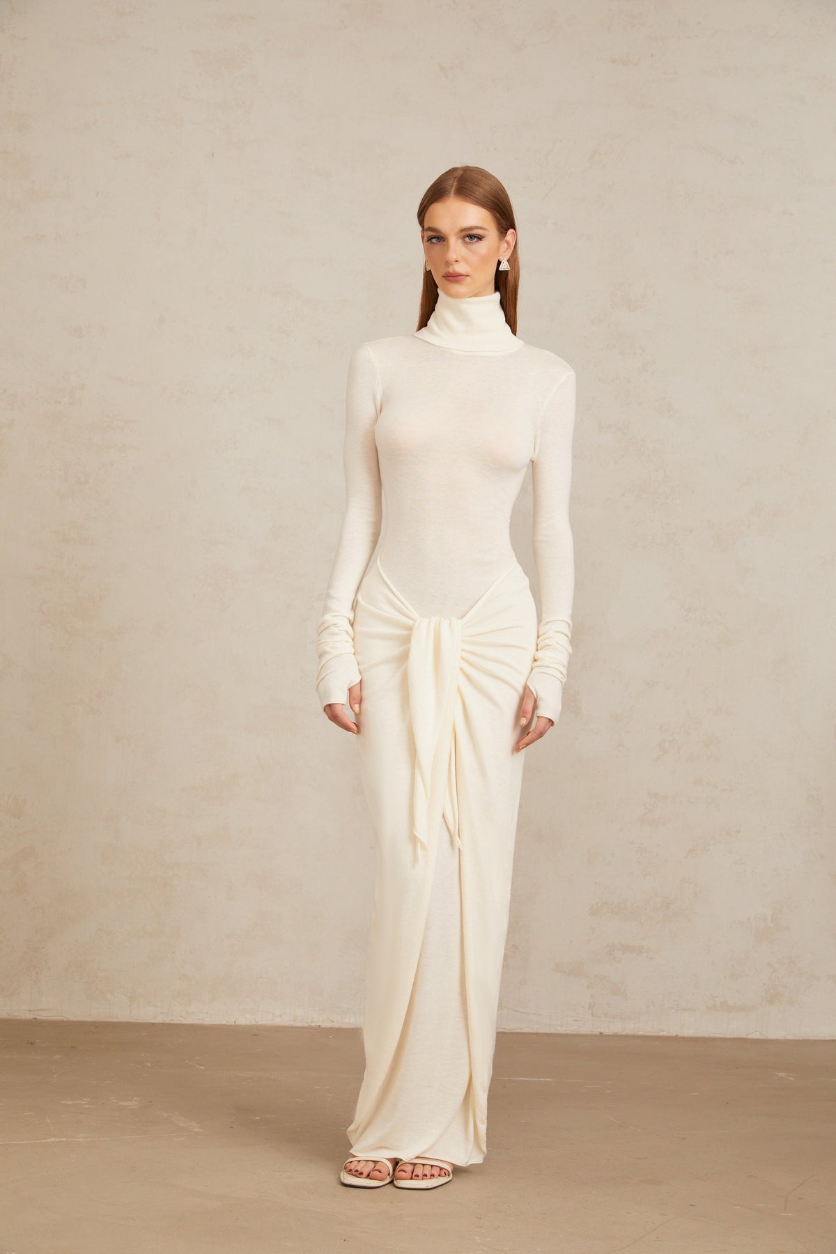 Impériale White Ruched Turtleneck Maxi Dress