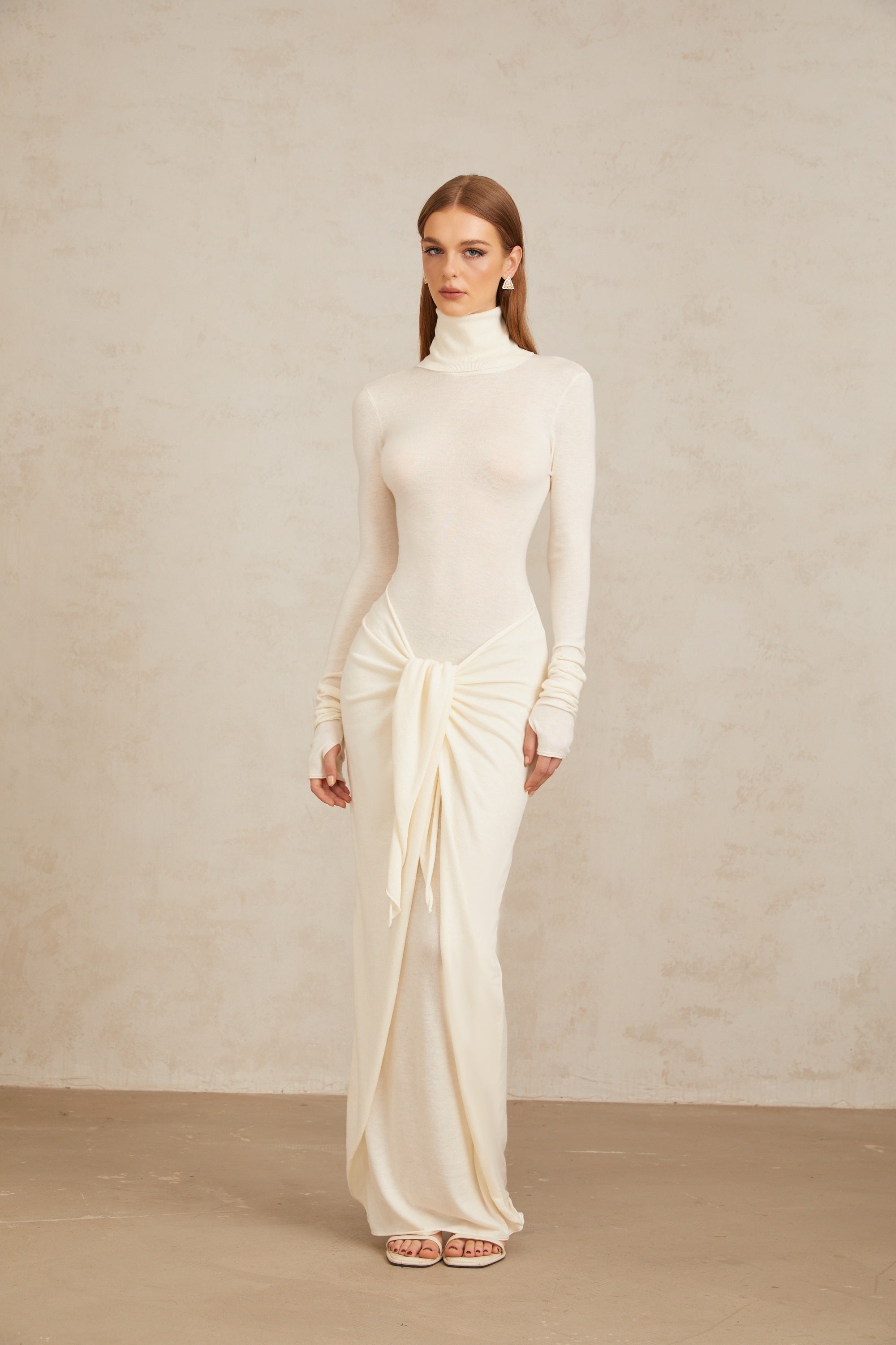 Impériale White Ruched Turtleneck Maxi Dress