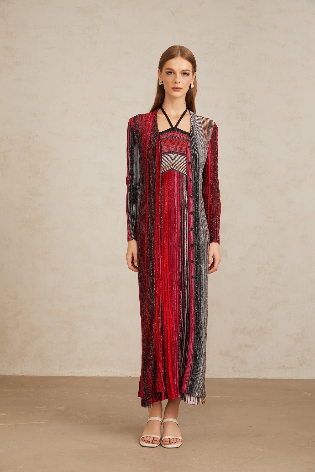 Ulysse Red Metallic Knit Long Cardigan (Final Sale)