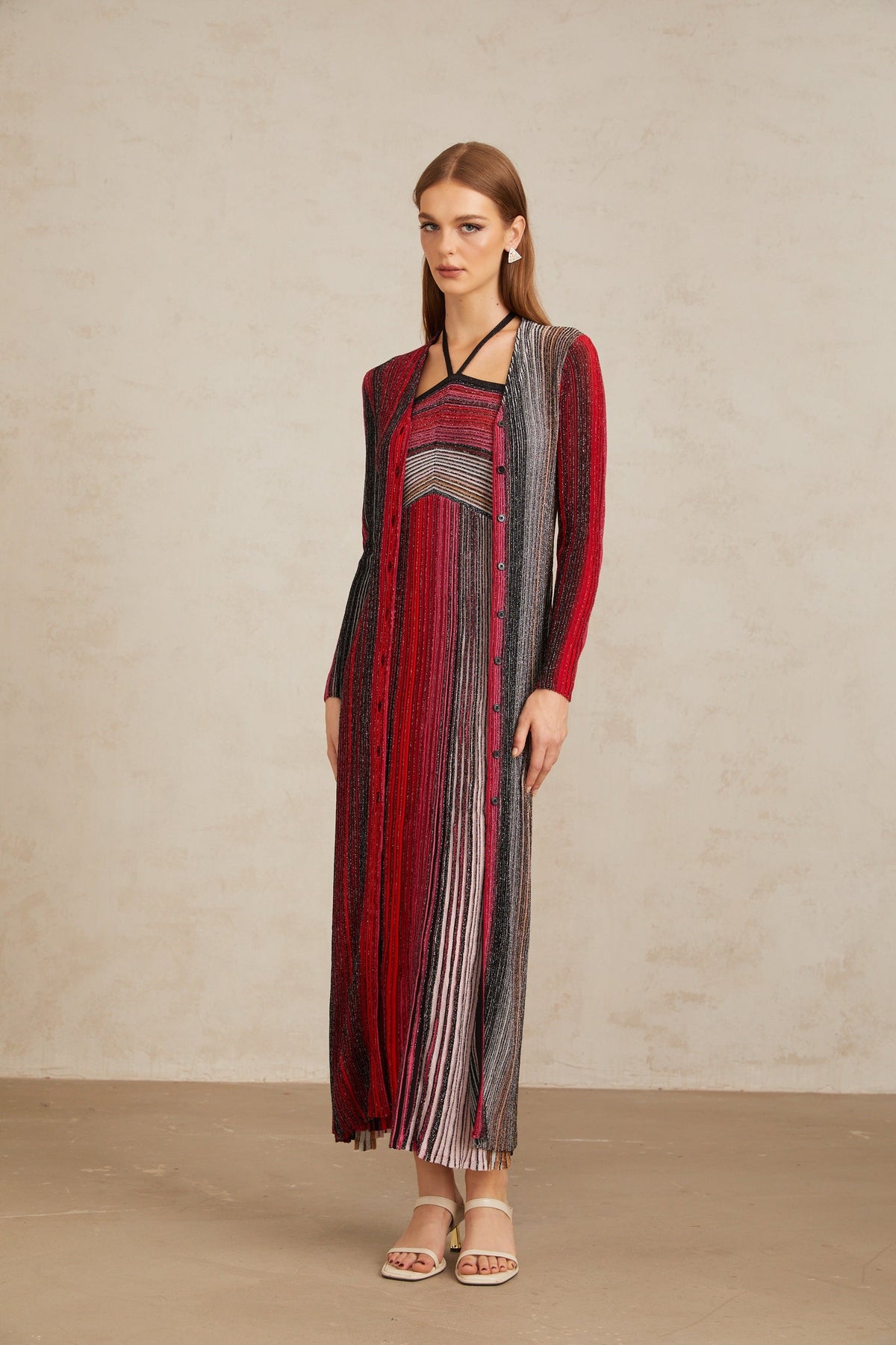 Ulysse Red Metallic Knit Long Cardigan (Final Sale)