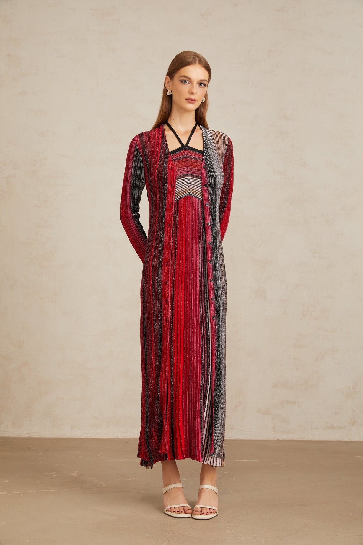 Ulysse Red Metallic Knit Long Cardigan (Final Sale)