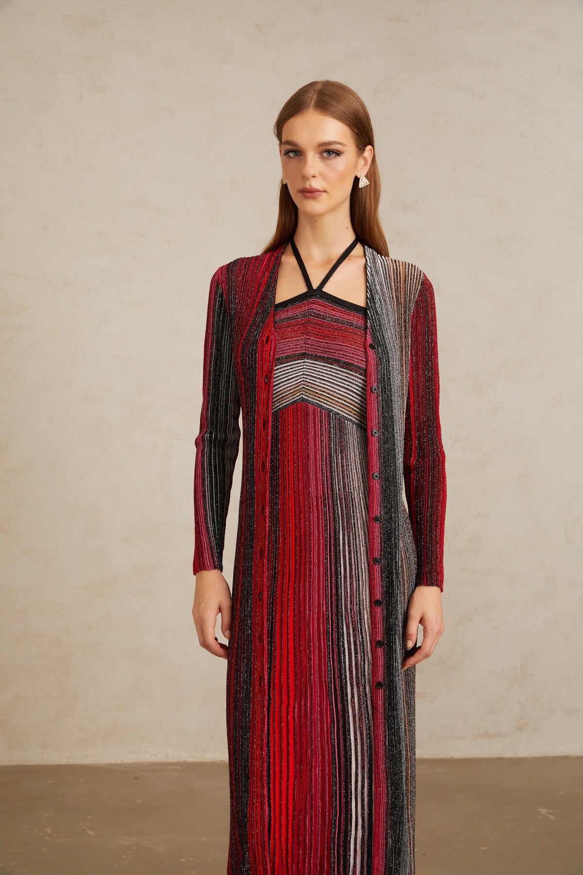 Ulysse Red Metallic Knit Long Cardigan