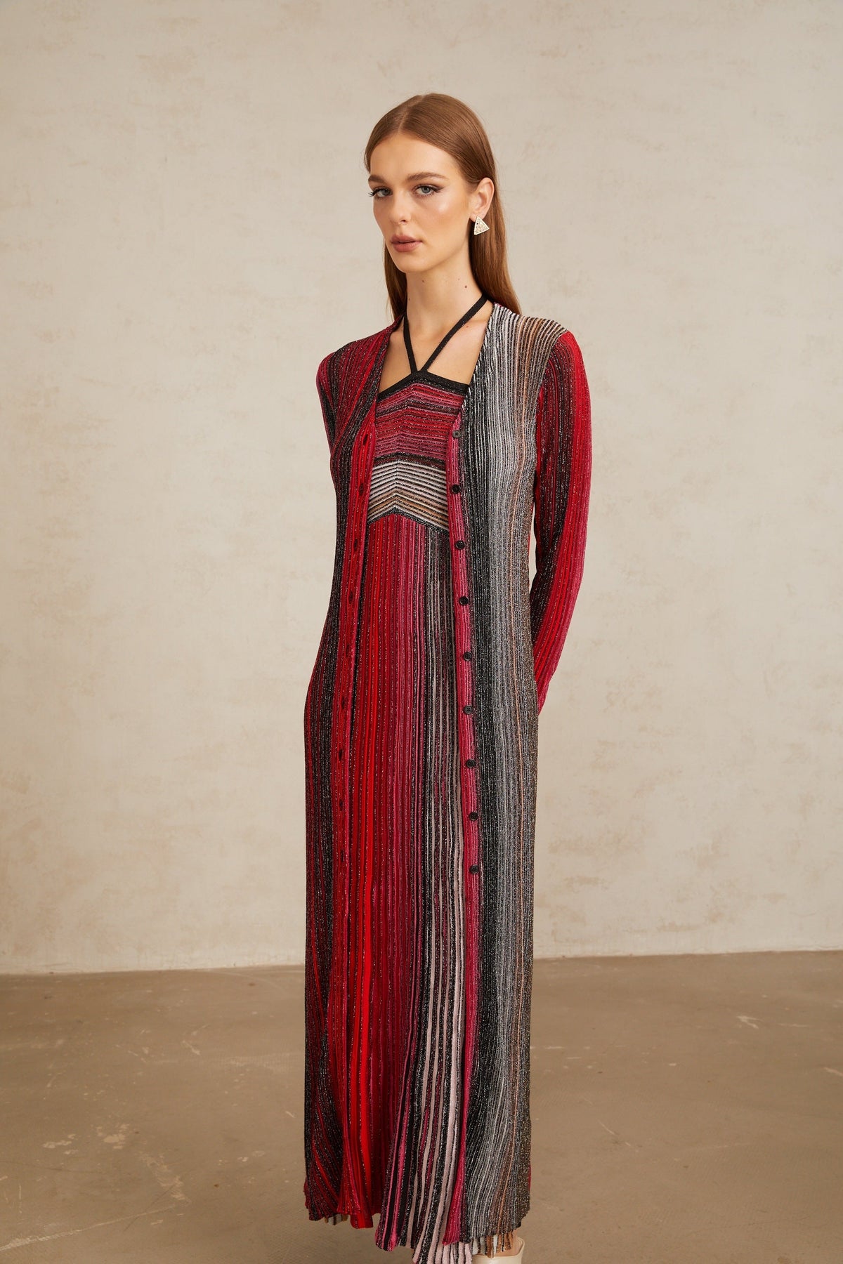 Ulysse Red Metallic Knit Long Cardigan (Final Sale)