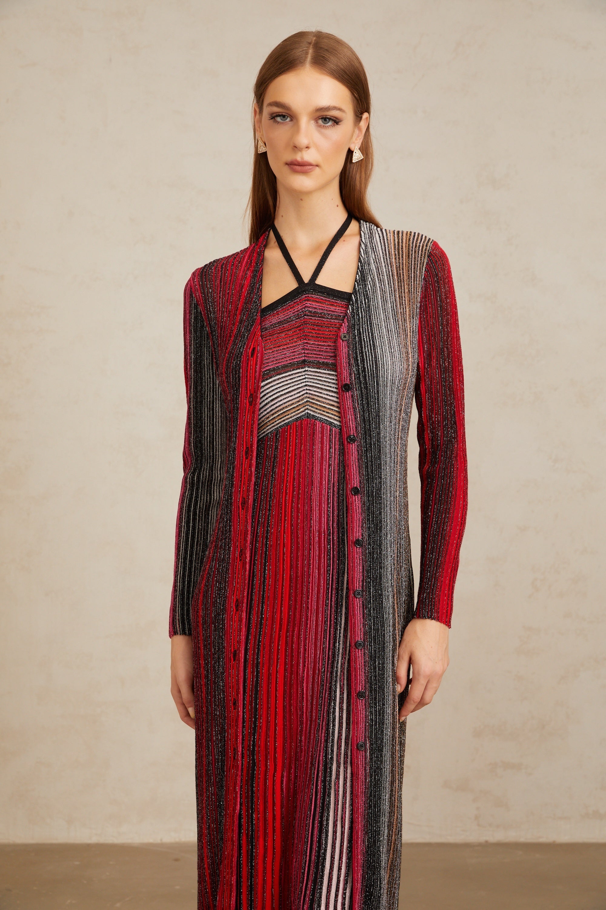 Ulysse Red Metallic Knit Long Cardigan (Final Sale)