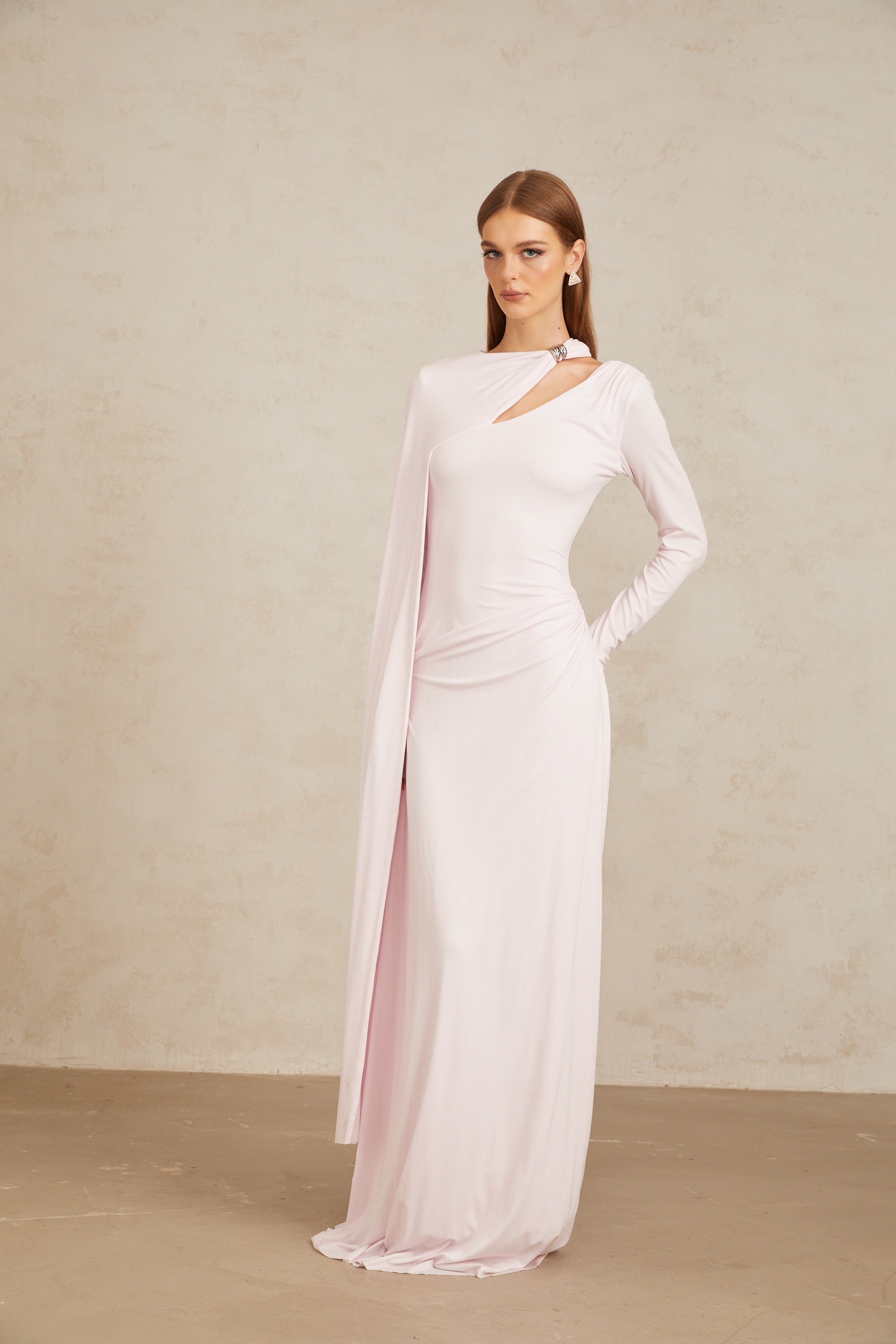 Josette Pink Diagonal Shawl Fitted Maxi Dress