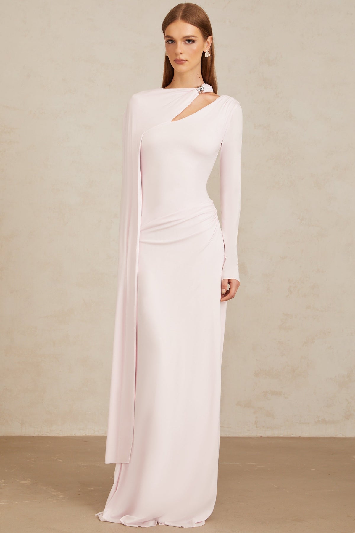 Josette Pink Diagonal Shawl Fitted Maxi Dress