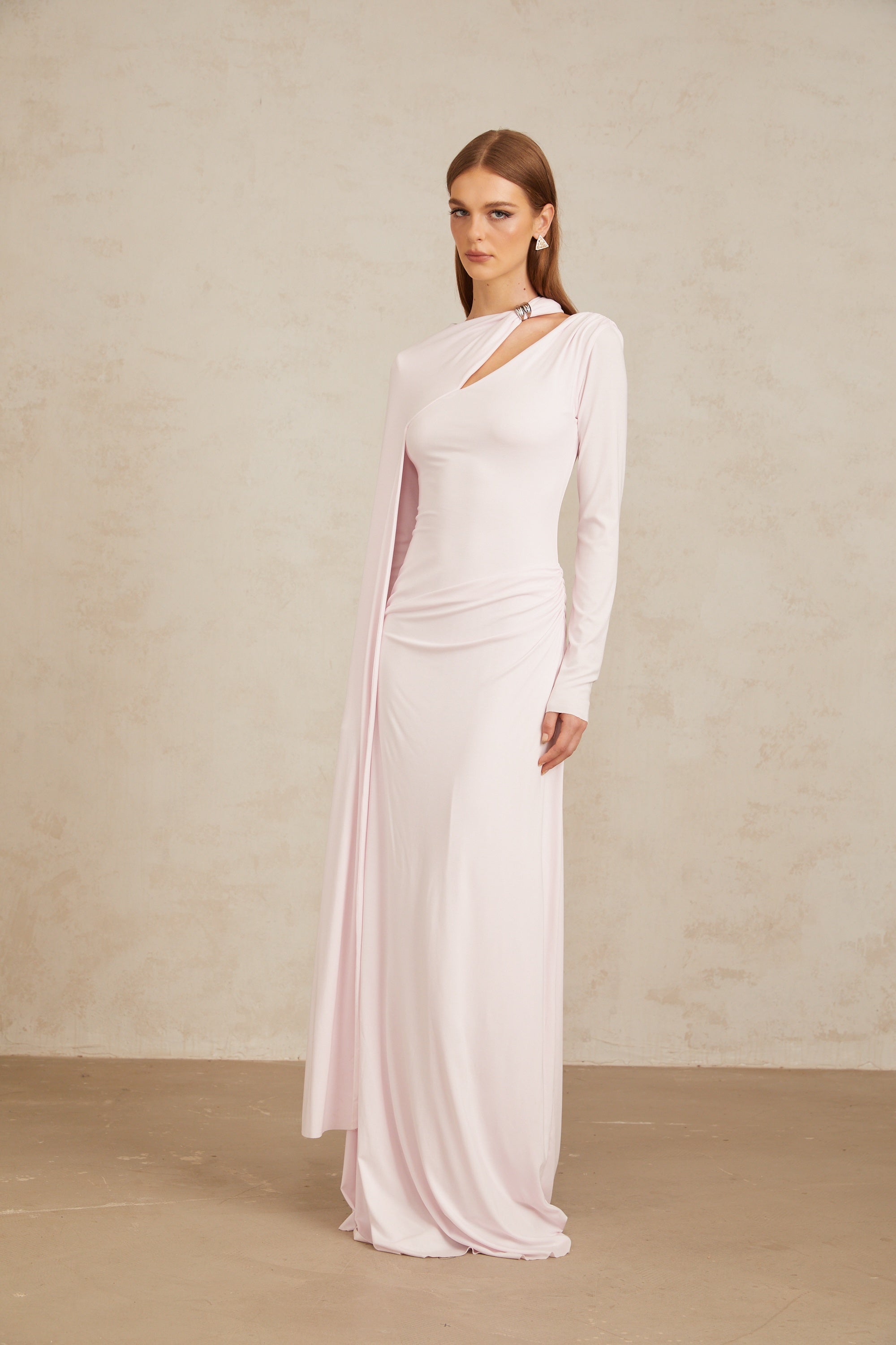 Josette Pink Diagonal Shawl Fitted Maxi Dress