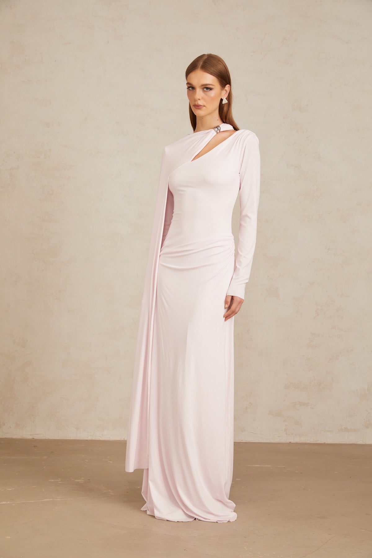Josette Pink Diagonal Shawl Fitted Maxi Dress