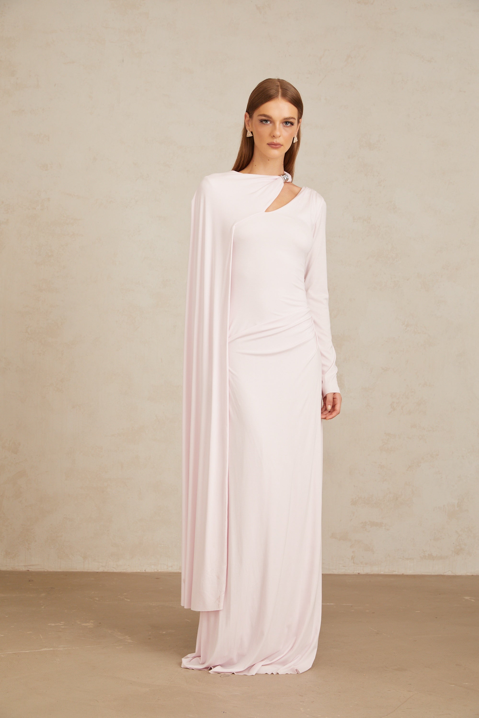 Josette Pink Diagonal Shawl Fitted Maxi Dress