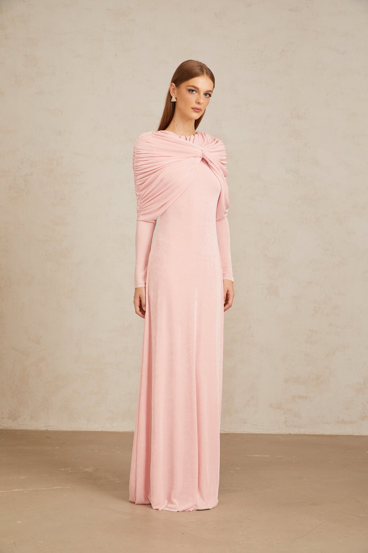 Moderne Pink Shawl Panel Ruched Maxi Dress (Final Sale-US Only)