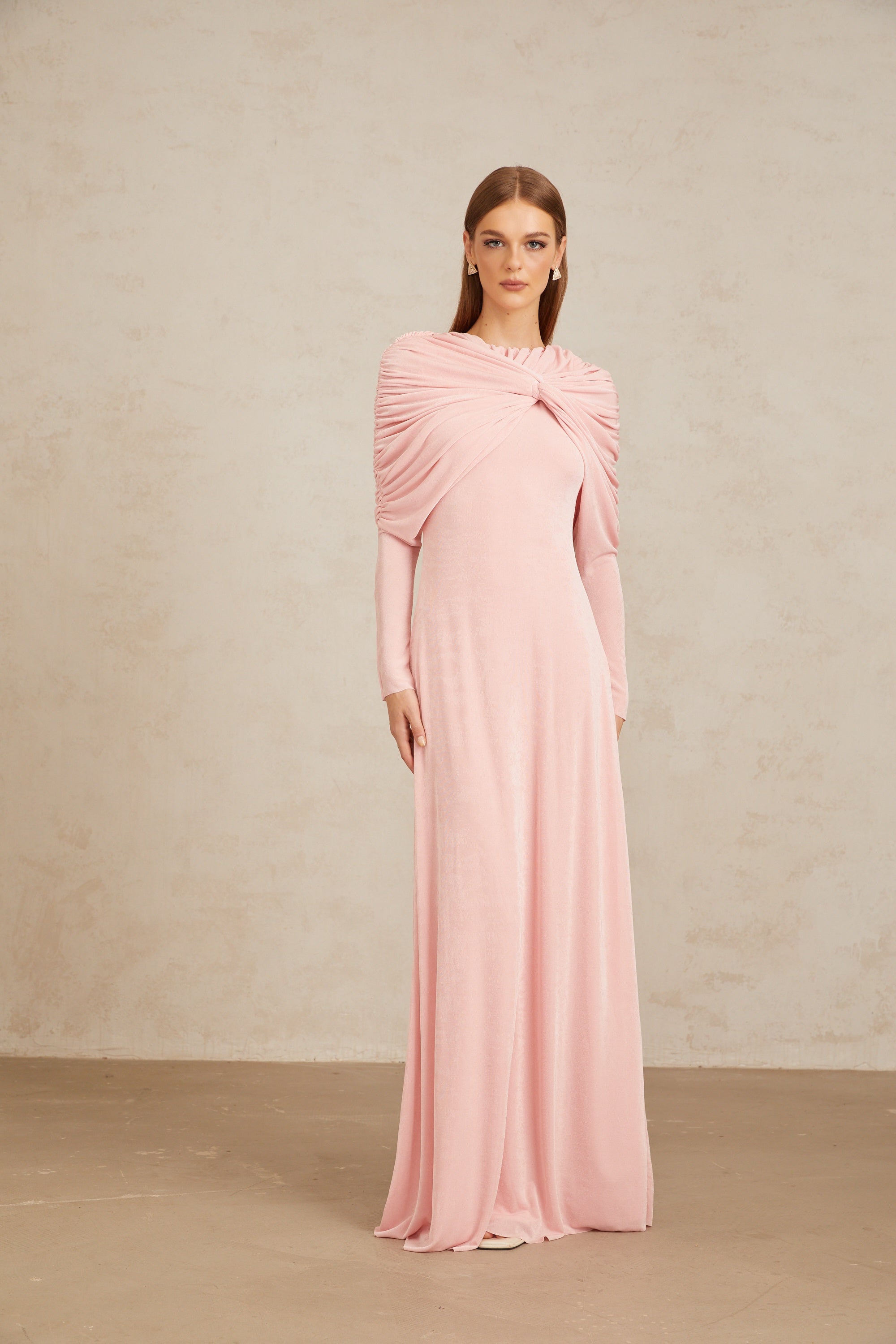 Moderne Pink Shawl Panel Ruched Maxi Dress (Final Sale-US Only)