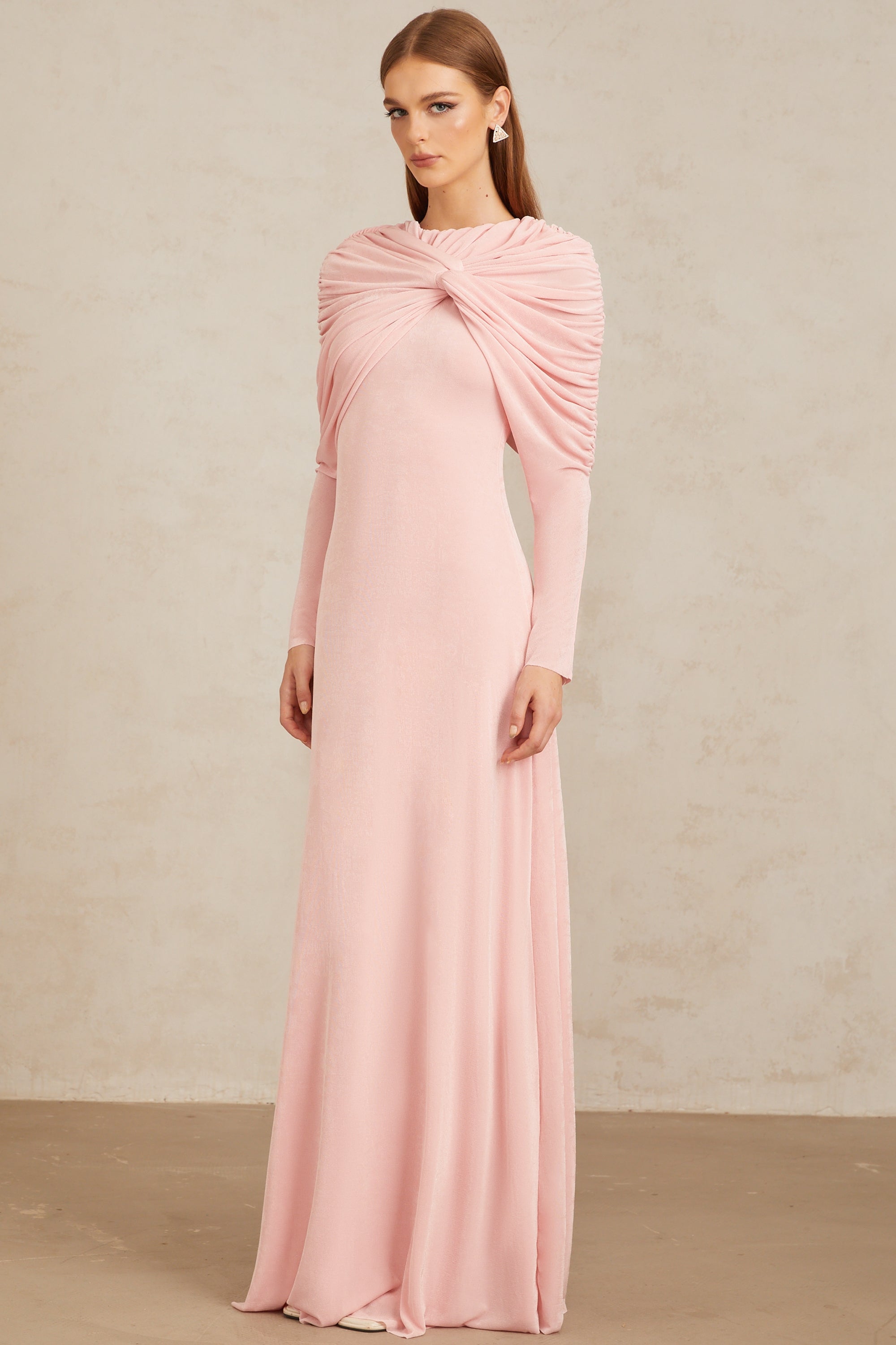 Moderne Pink Shawl Panel Ruched Maxi Dress (Final Sale-US Only)
